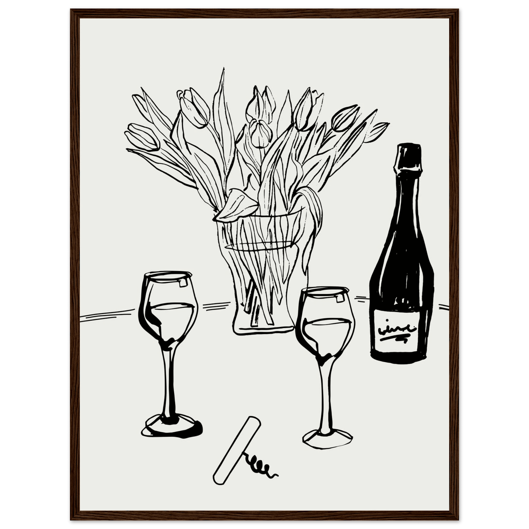 Wine & Tulips Print | Black Line Art Wine Bottle Wall Art | Minimalist Kitchen Poster - Evergreen Posters