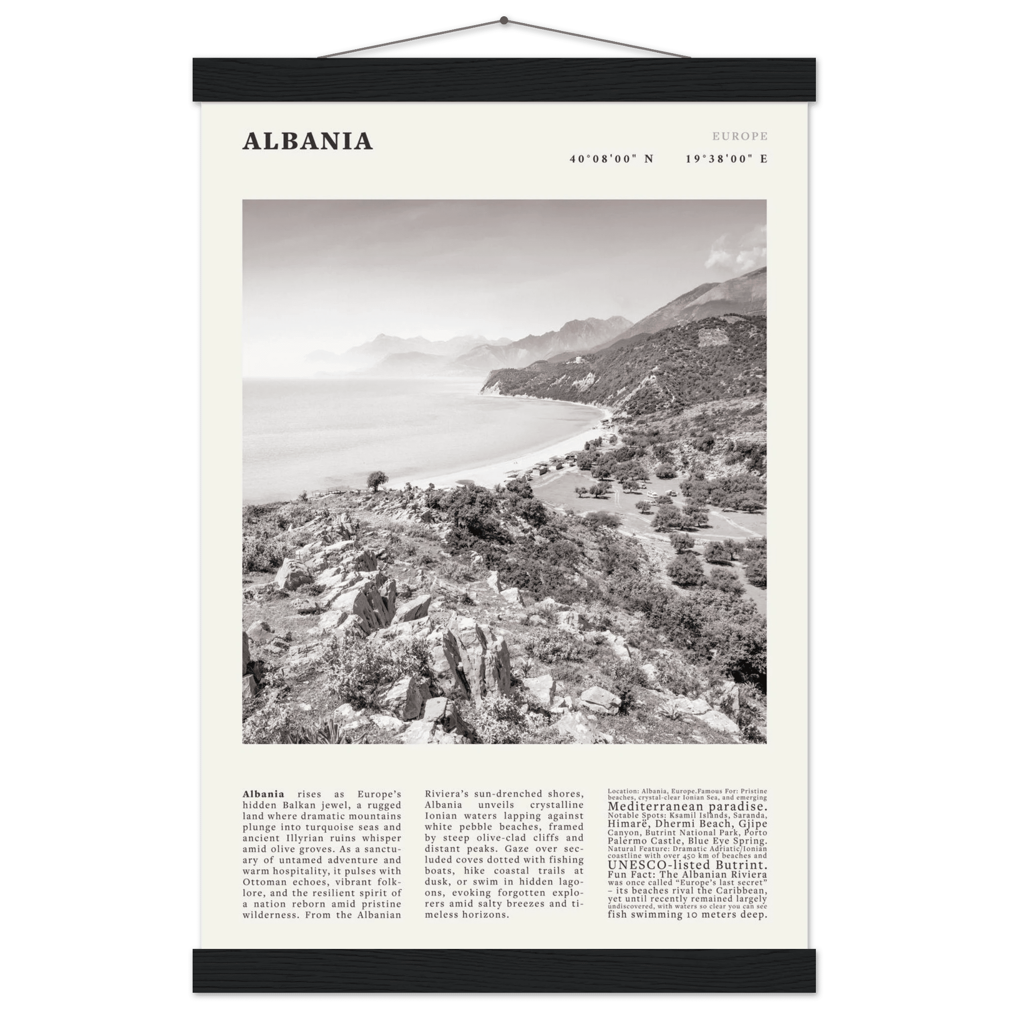 Albania Poster Black and White – Vintage Albanian Riviera Travel Print (Digital & Printed Options) - Evergreen Posters