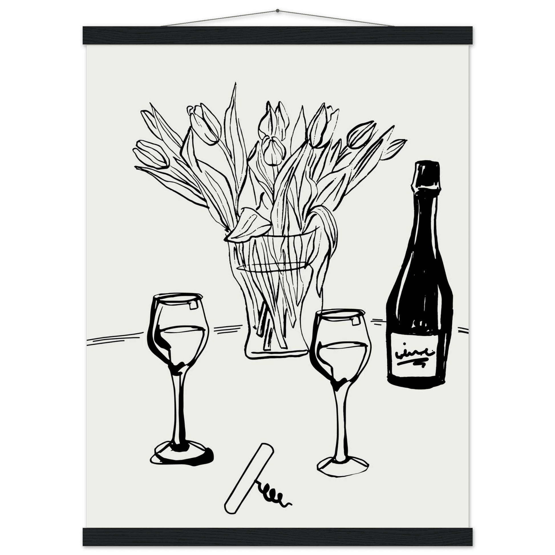 Wine & Tulips Print | Black Line Art Wine Bottle Wall Art | Minimalist Kitchen Poster - Evergreen Posters