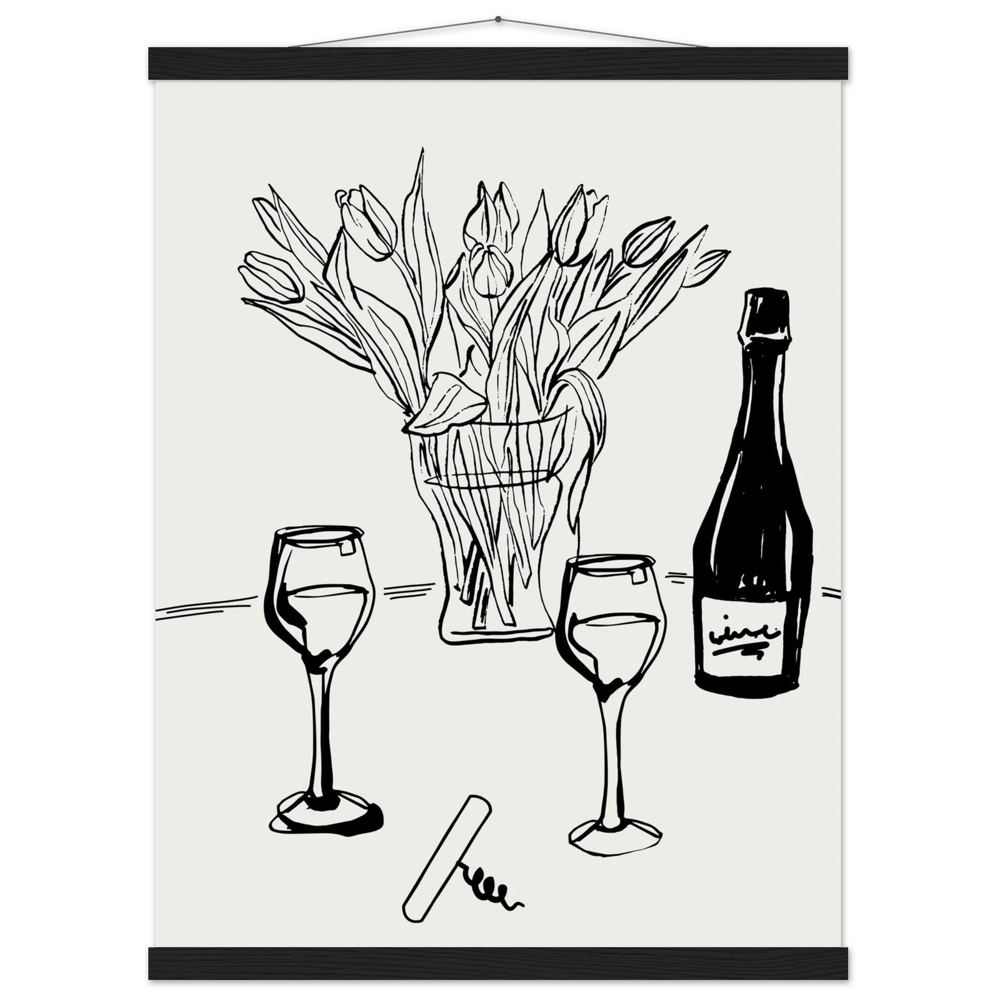 Wine & Tulips Print | Black Line Art Wine Bottle Wall Art | Minimalist Kitchen Poster - Evergreen Posters