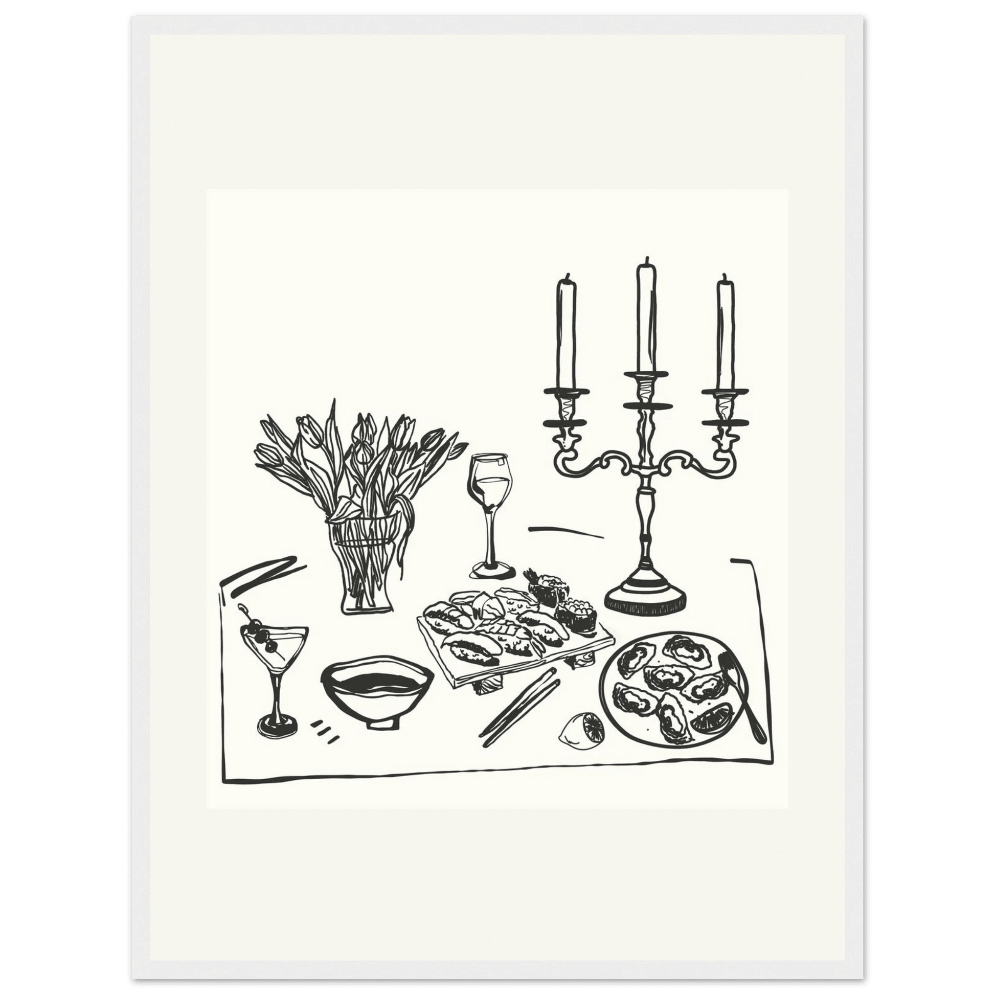 Fine Dining Table Print | Black Line Art Kitchen Wall Art | Elegant Dining Room Poster - Evergreen Posters