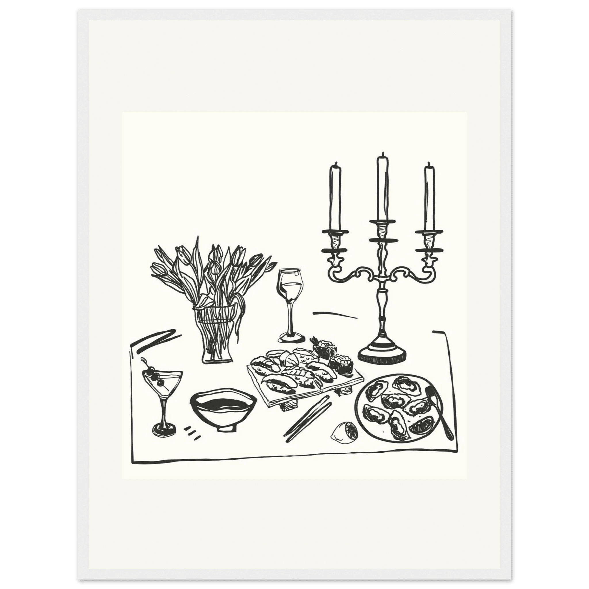 Fine Dining Table Print | Black Line Art Kitchen Wall Art | Elegant Dining Room Poster - Evergreen Posters