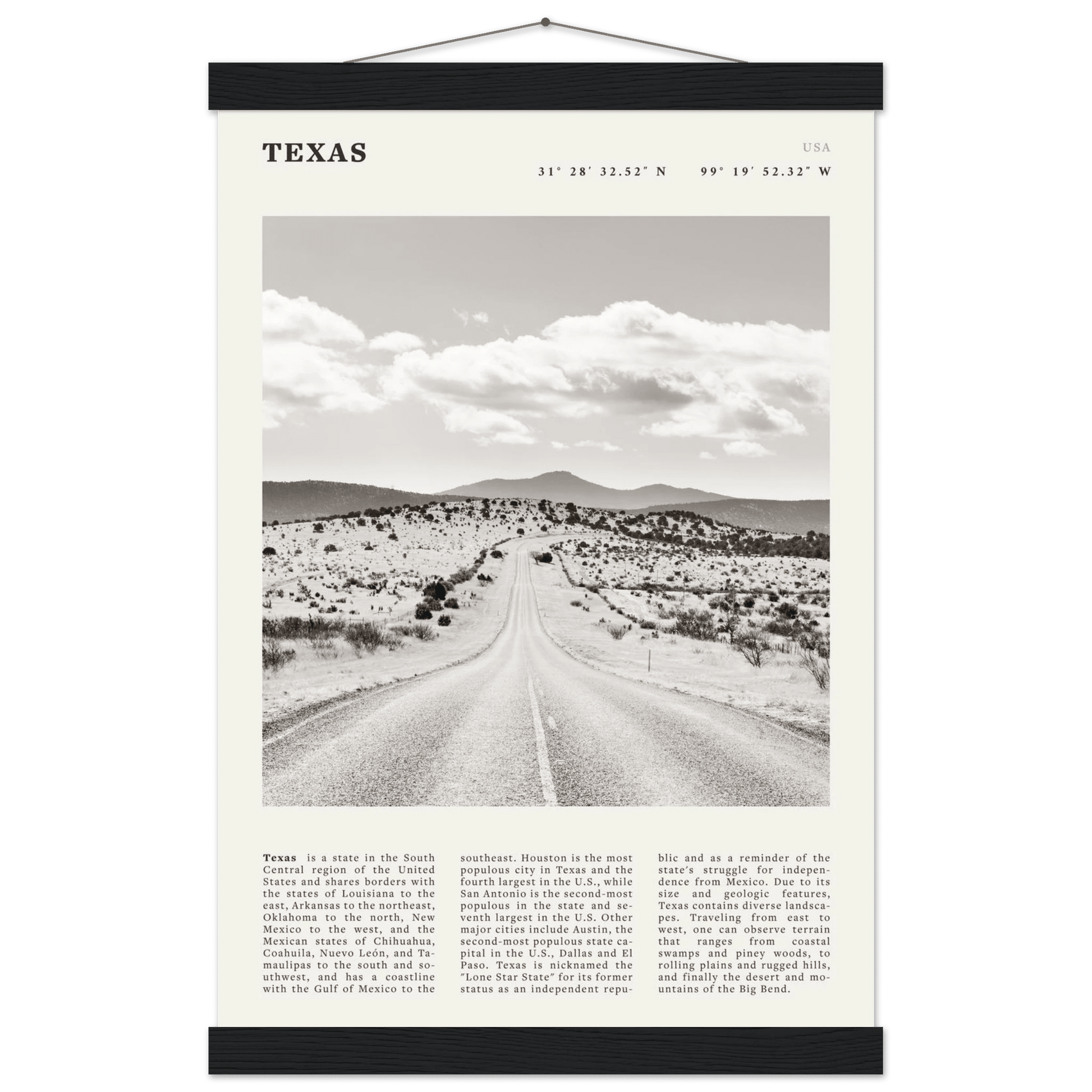 Texas Poster | Black & White Lone Star Road Wall Art | USA Travel Print Decor - Evergreen Posters