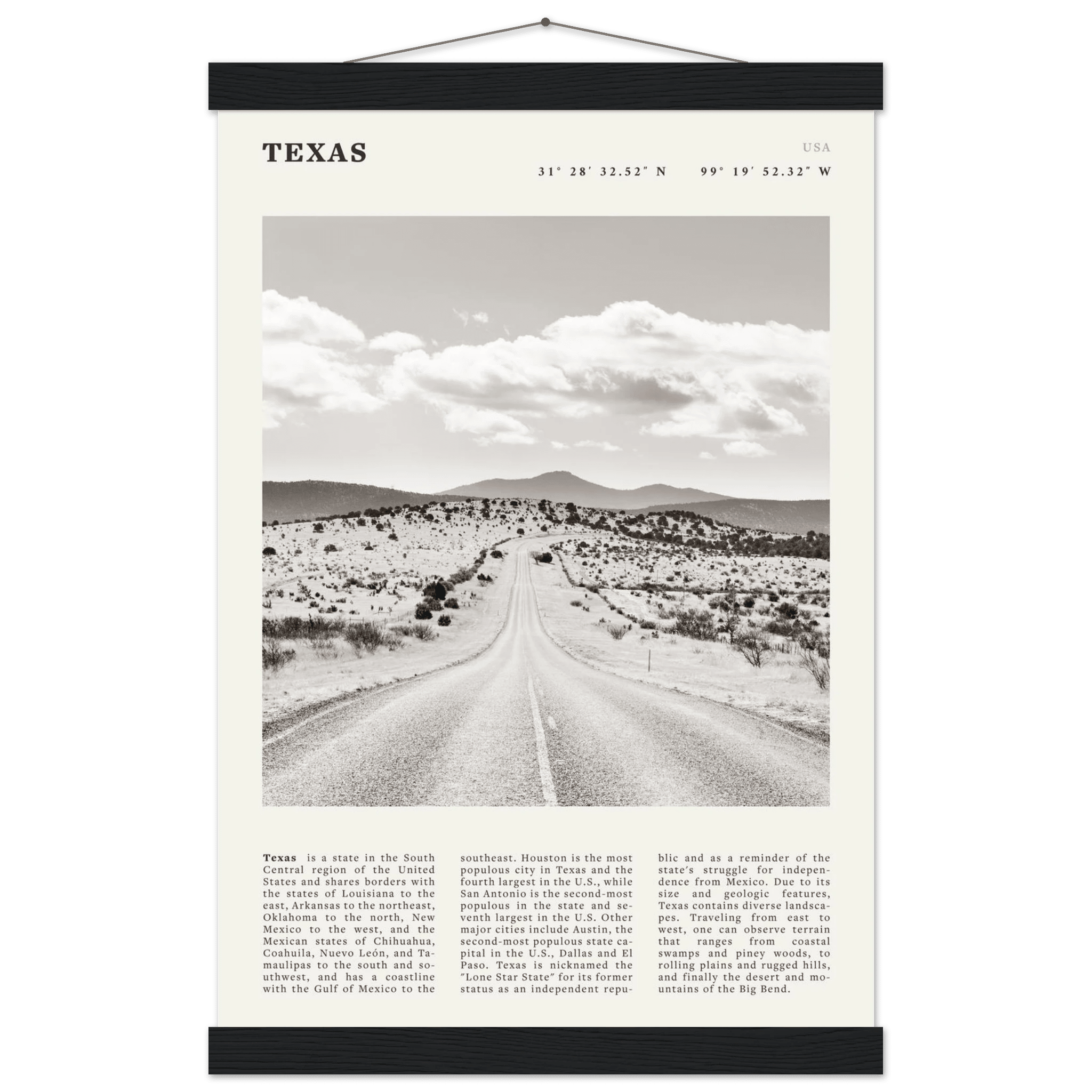 Texas Poster | Black & White Lone Star Road Wall Art | USA Travel Print Decor - Evergreen Posters