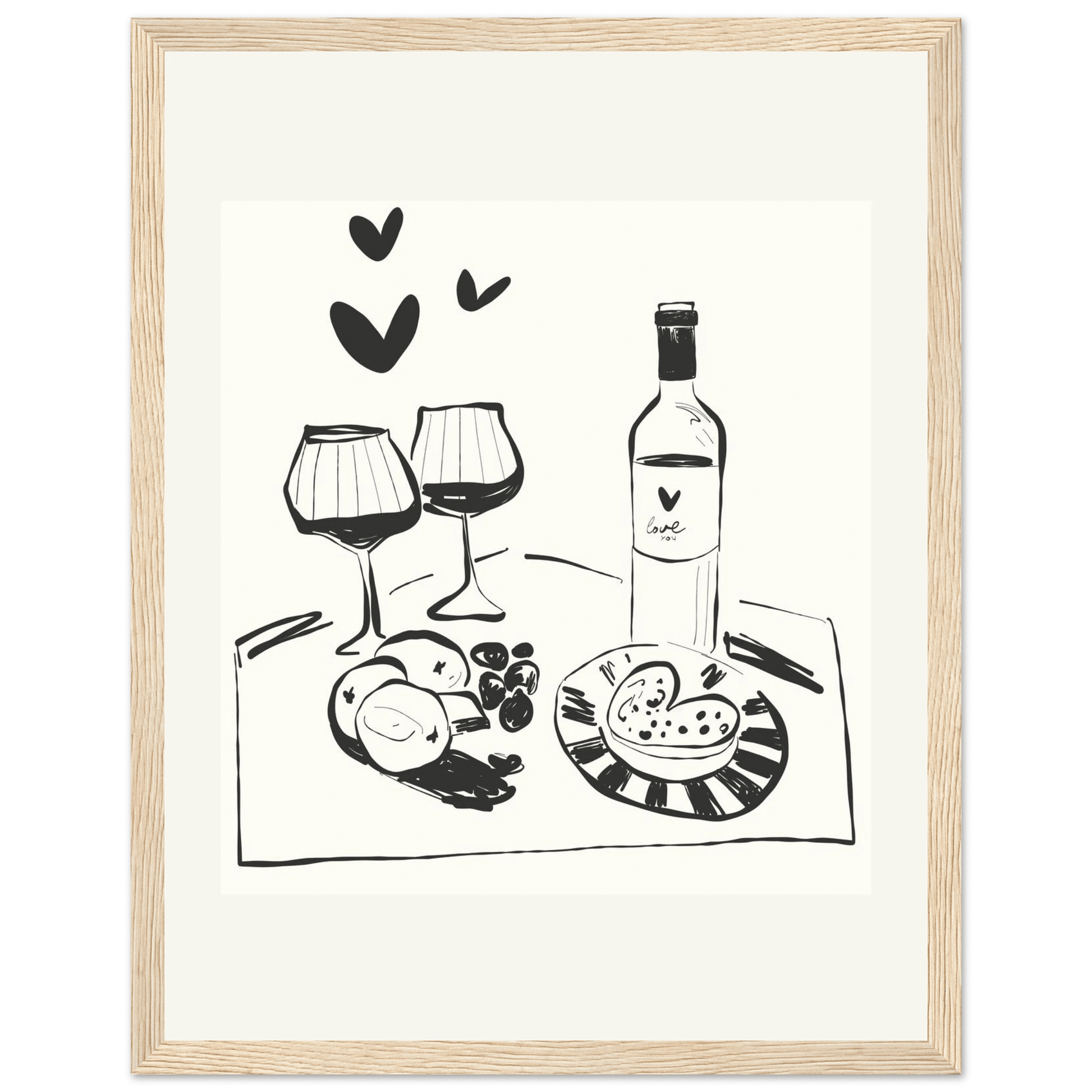 Wine for Two Print | Black Line Art Romantic Kitchen Wall Art | Couples Poster - Evergreen Posters
