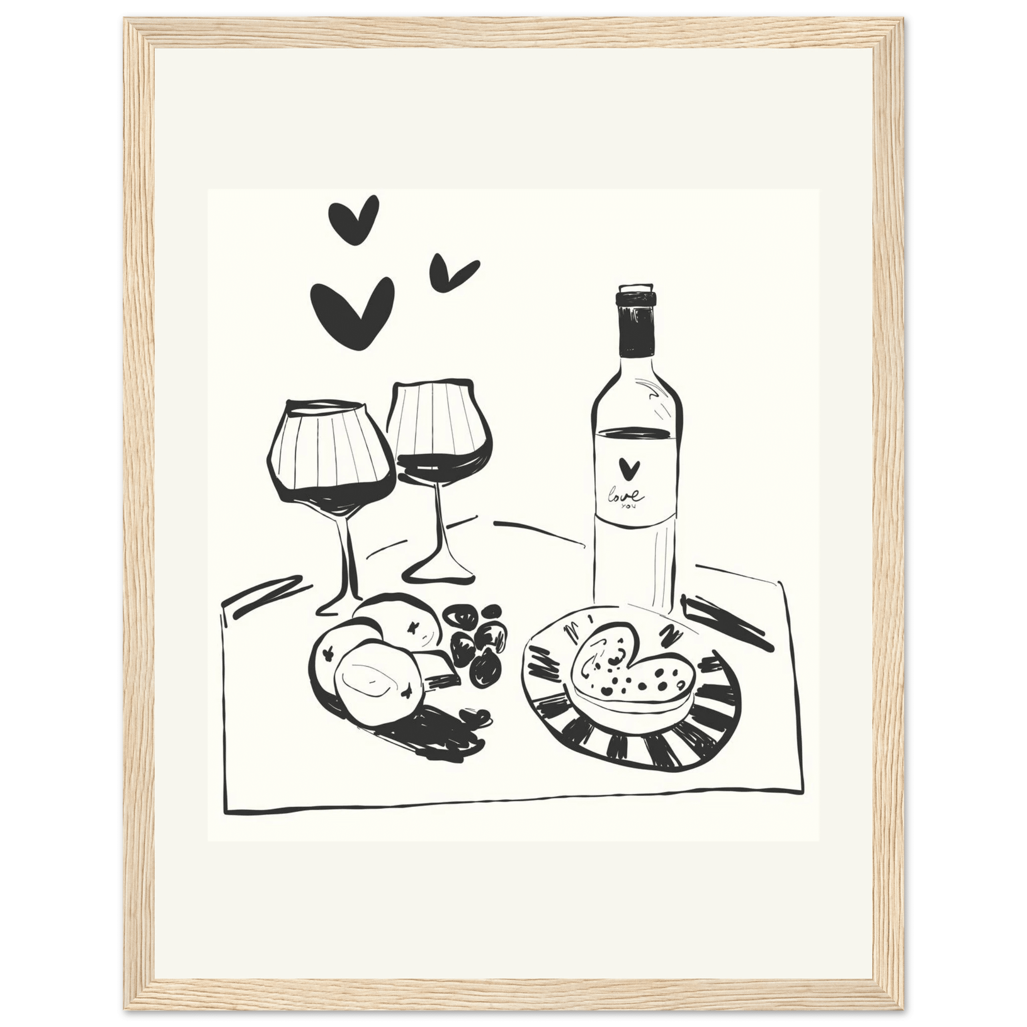 Wine for Two Print | Black Line Art Romantic Kitchen Wall Art | Couples Poster - Evergreen Posters