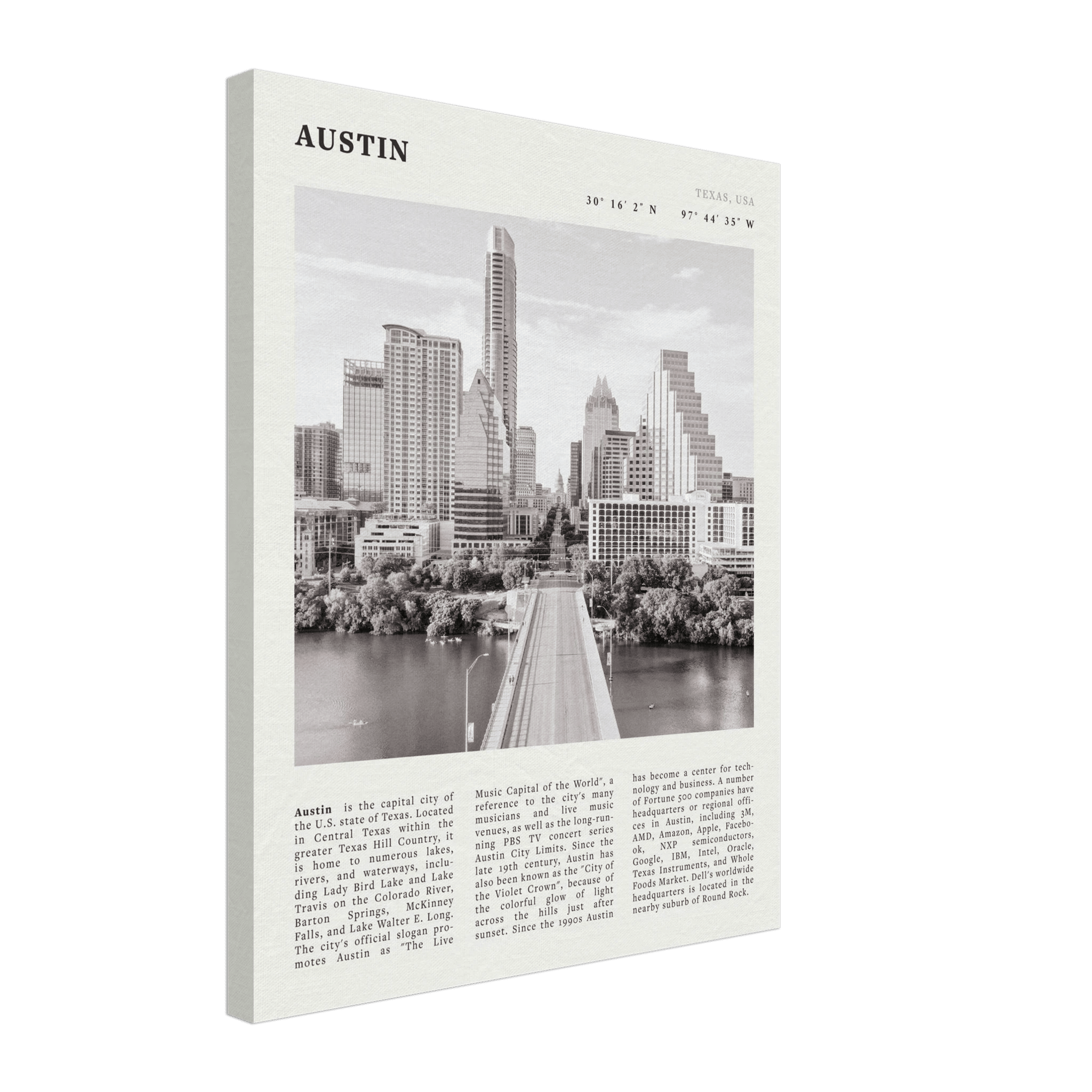 Austin Poster | Black & White Texas Skyline Wall Art | City Travel Print Decor - Evergreen Posters