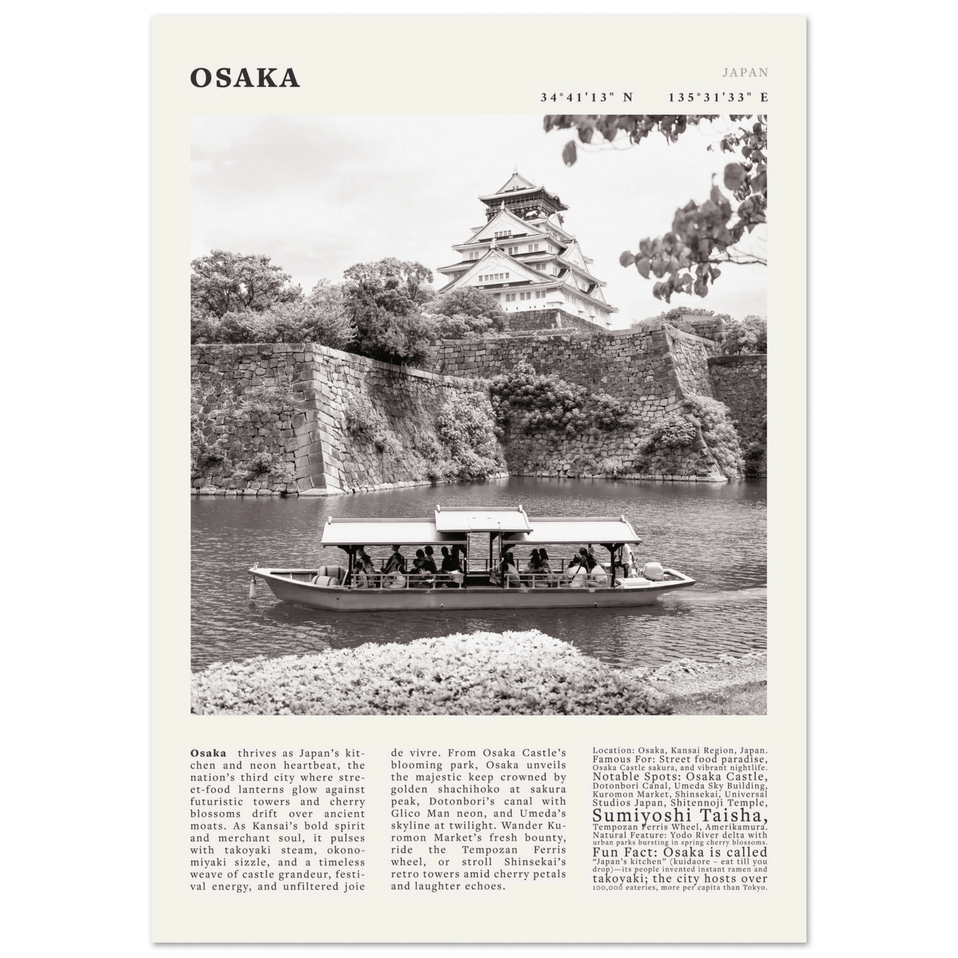 Osaka Poster Black and White – Vintage Osaka Castle Cherry Blossom Print (Digital & Printed Options) - Evergreen Posters