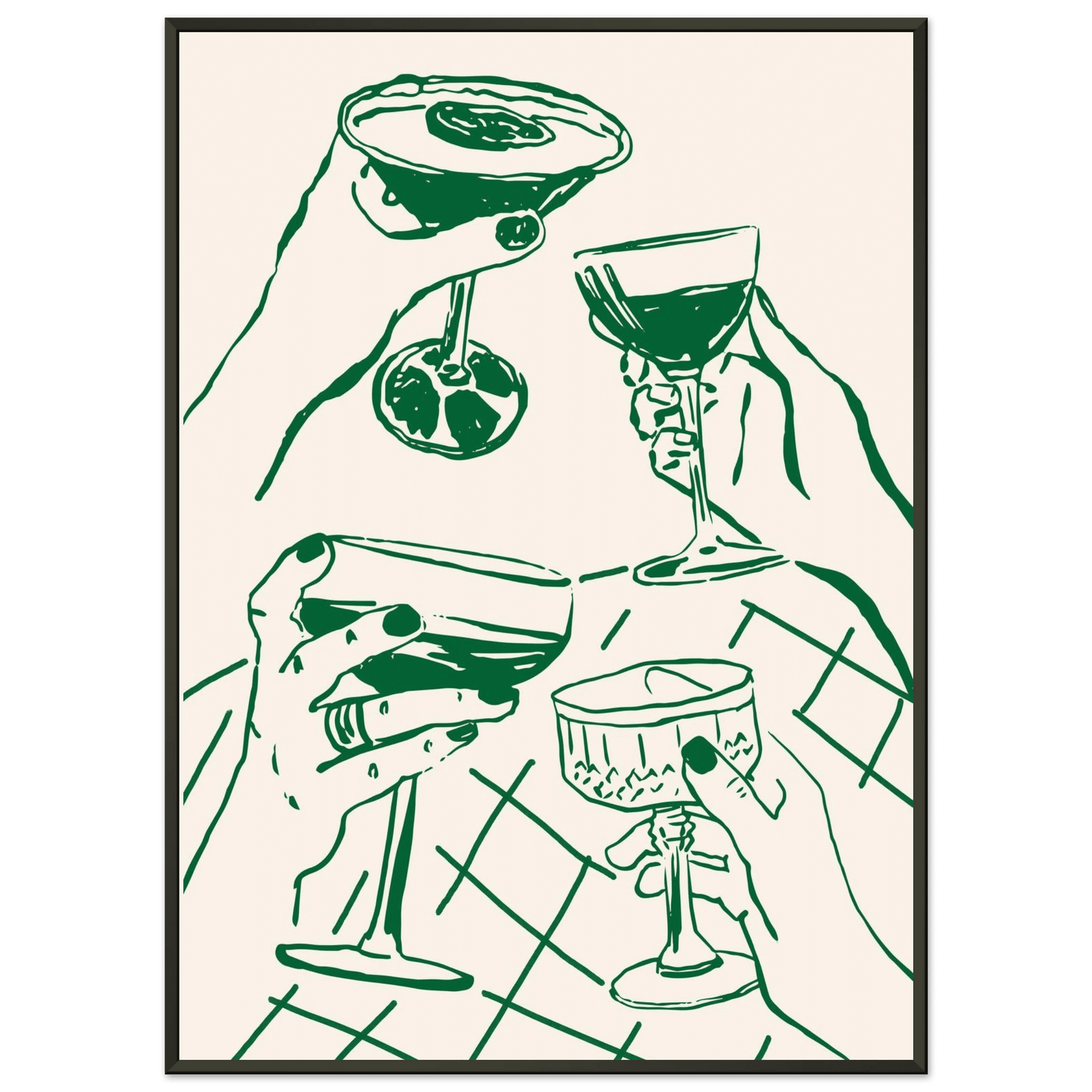 Cheers Print | Forest Green Cocktail Glasses Wall Art | Kitchen Bar Poster - Evergreen Posters