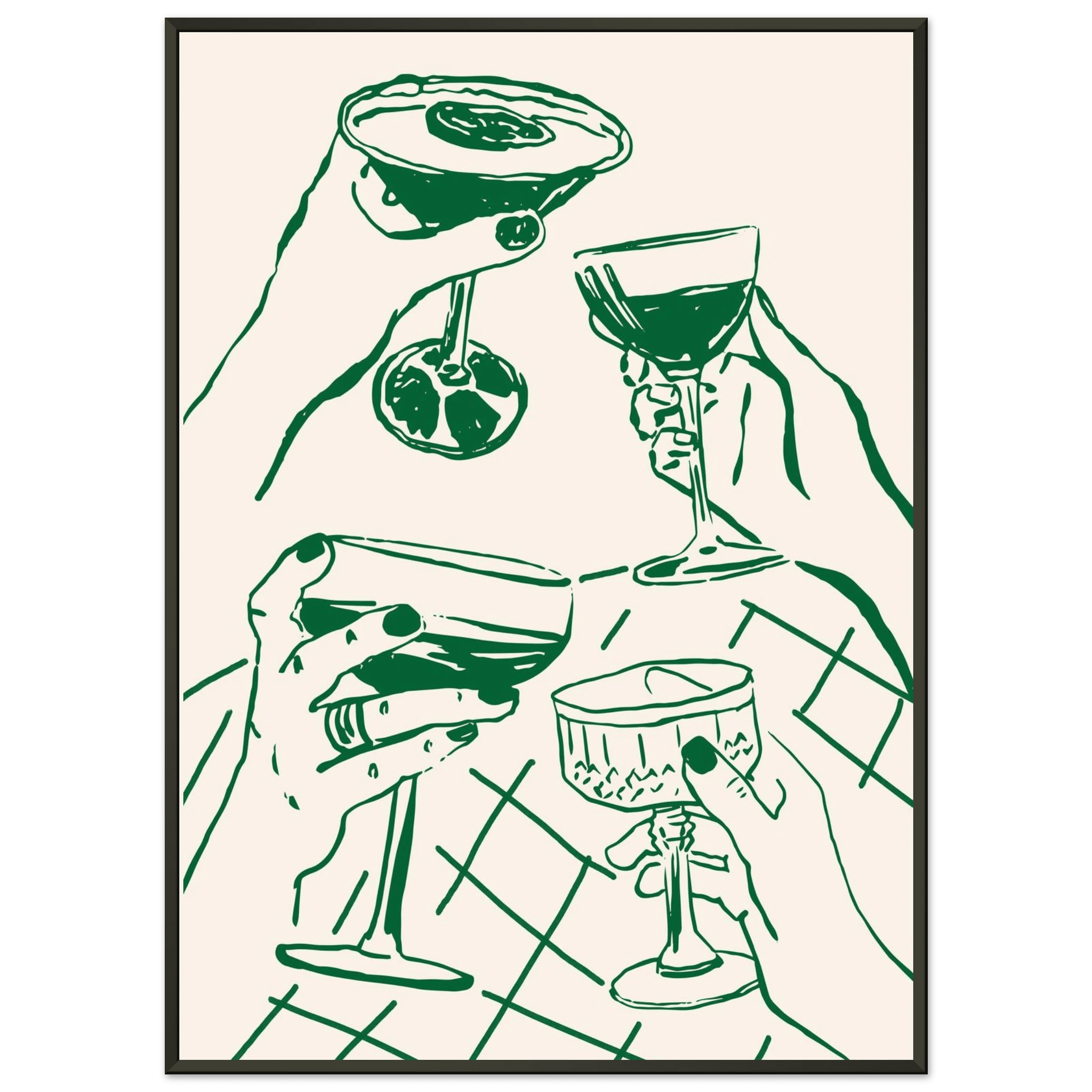 Cheers Print | Forest Green Cocktail Glasses Wall Art | Kitchen Bar Poster - Evergreen Posters