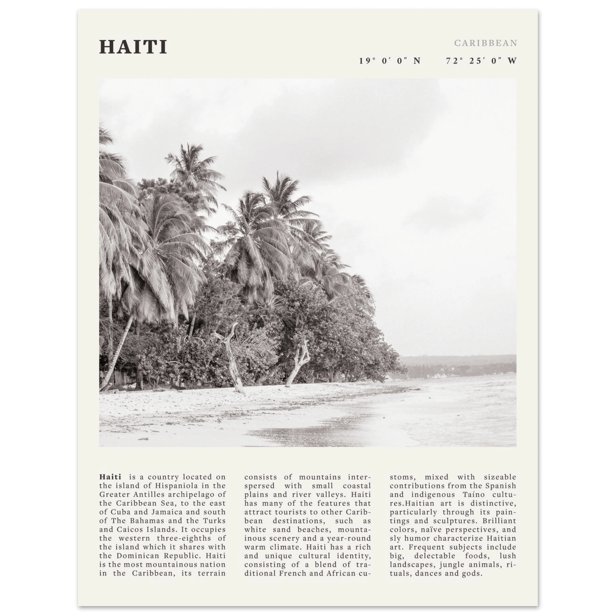 Haiti Poster | Black & White Caribbean Beach Wall Art | Tropical Travel Print - Evergreen Posters