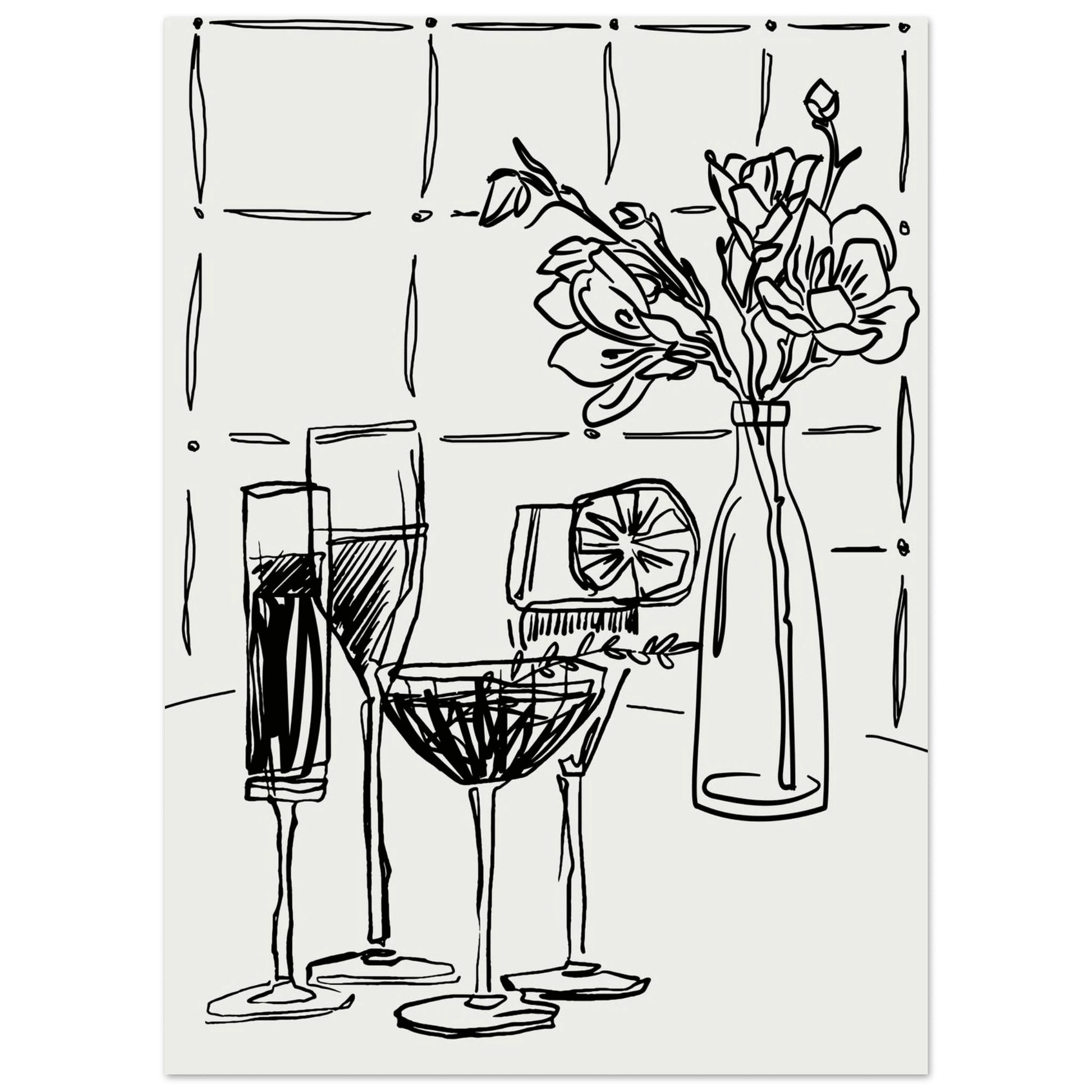 Cocktails & Flowers Print | Black Line Art Drinks Wall Art | Kitchen Bar Poster - Evergreen Posters