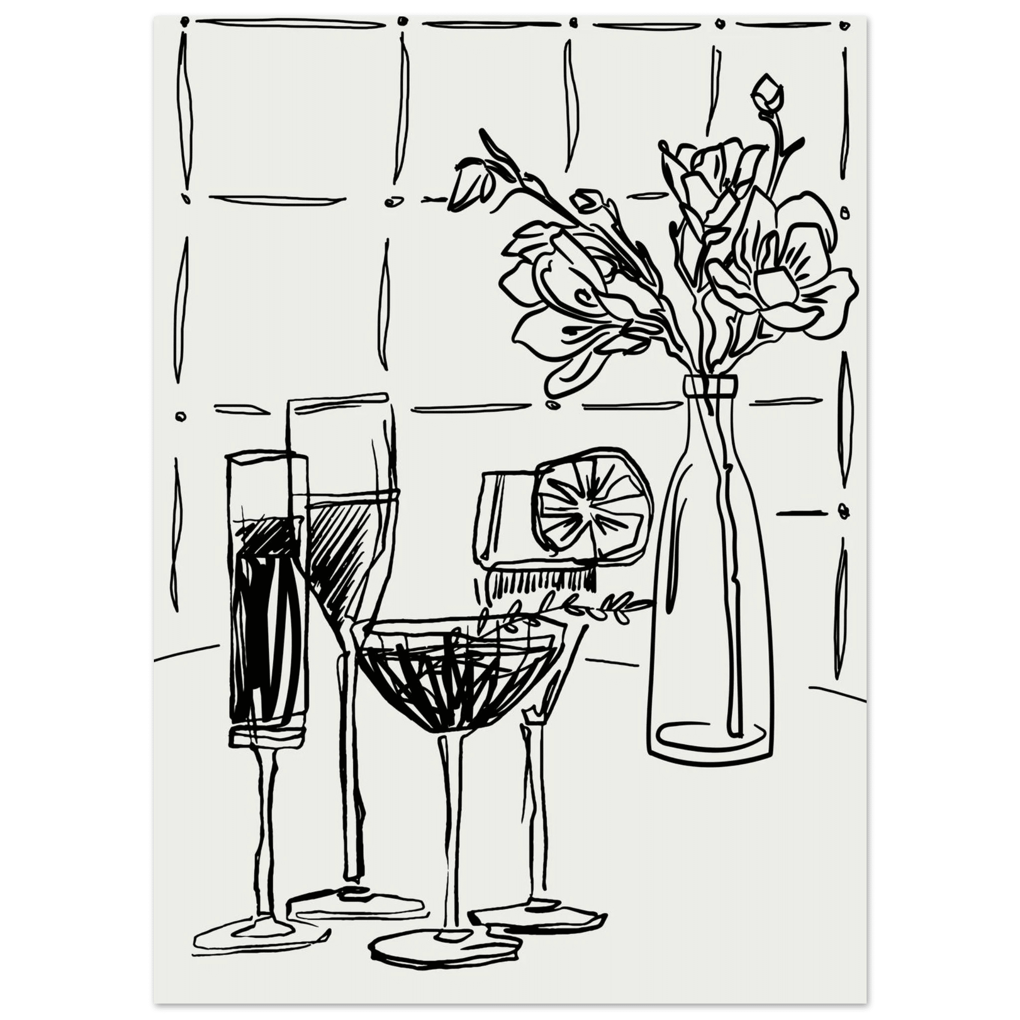 Cocktails & Flowers Print | Black Line Art Drinks Wall Art | Kitchen Bar Poster - Evergreen Posters
