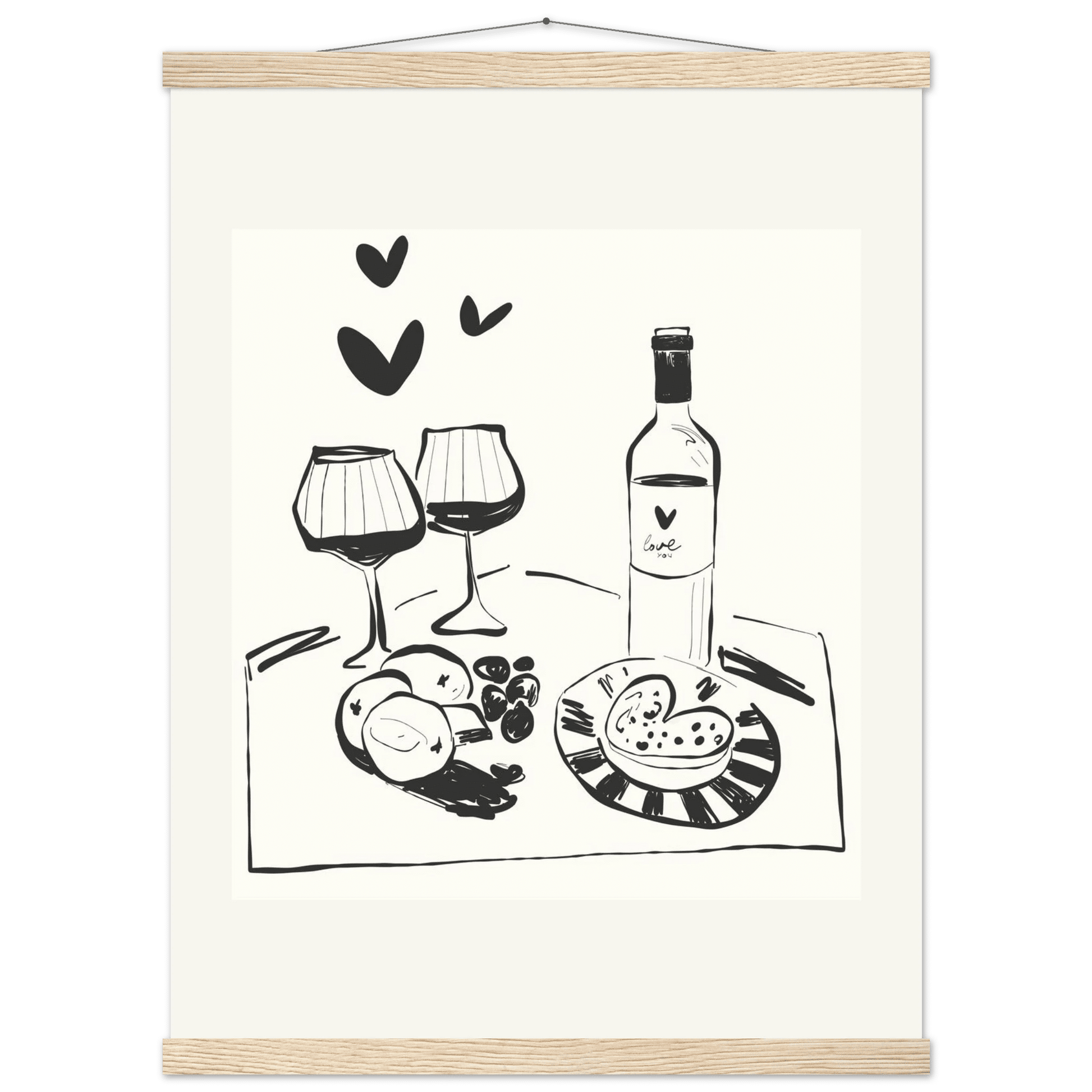 Wine for Two Print | Black Line Art Romantic Kitchen Wall Art | Couples Poster - Evergreen Posters
