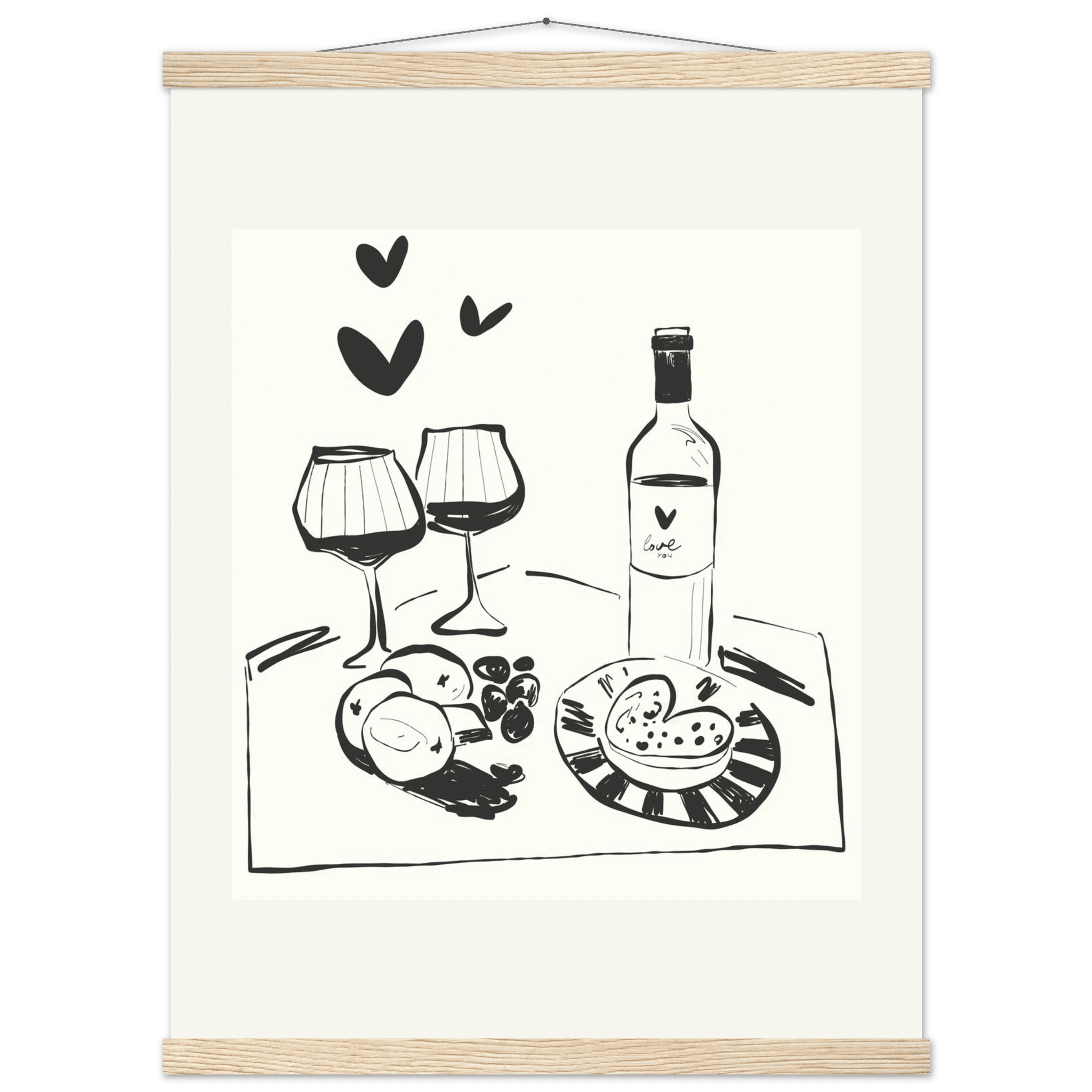 Wine for Two Print | Black Line Art Romantic Kitchen Wall Art | Couples Poster - Evergreen Posters