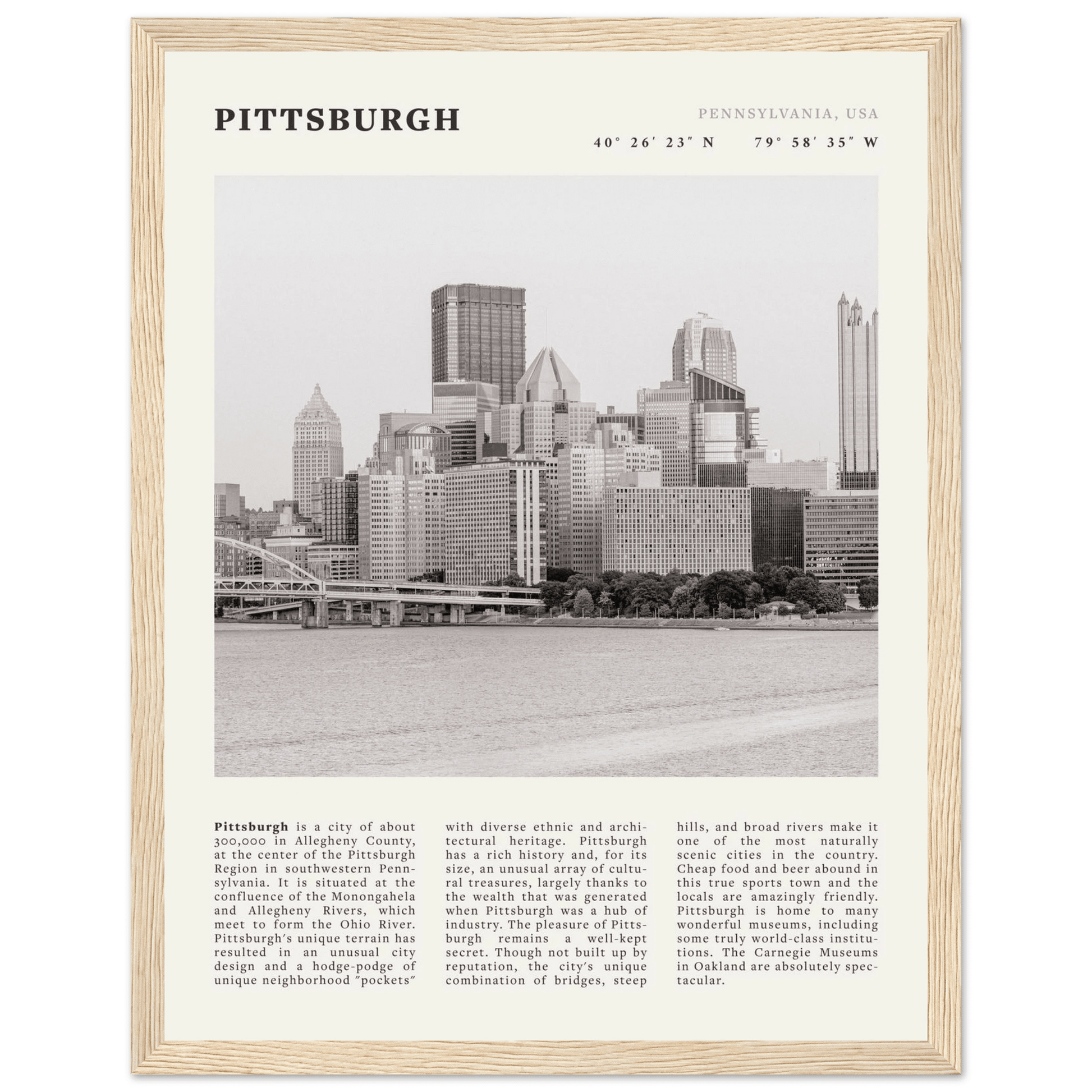 Pittsburgh Poster | Black & White Pennsylvania Skyline Wall Art | PA Travel Print - Evergreen Posters