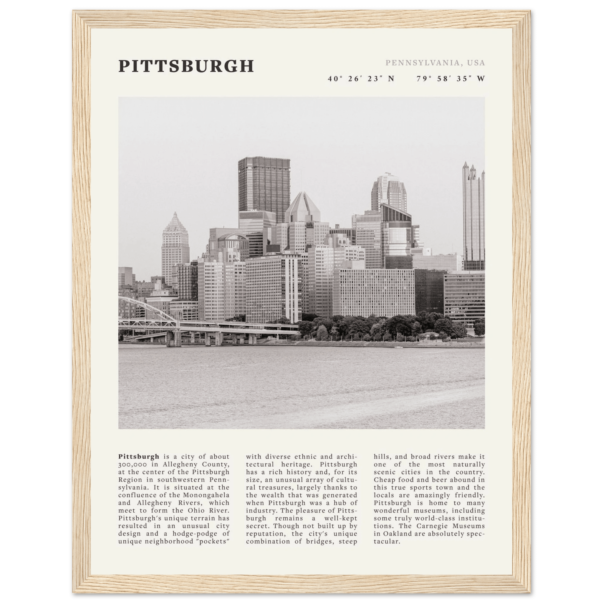 Pittsburgh Poster | Black & White Pennsylvania Skyline Wall Art | PA Travel Print - Evergreen Posters