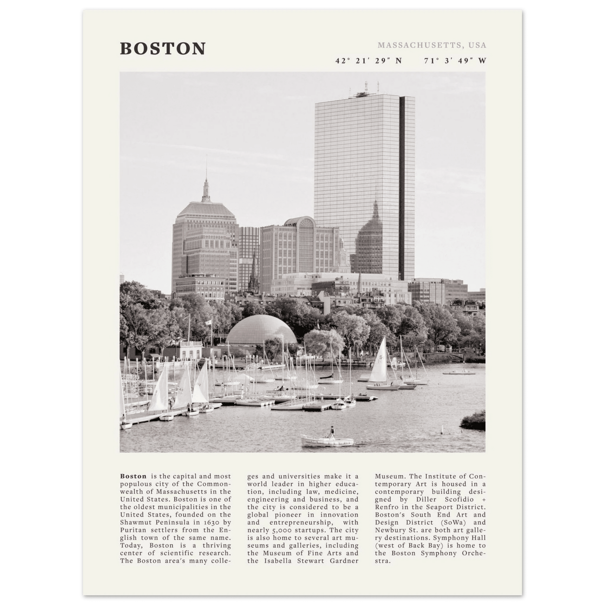 Boston Poster | Black & White Charles River Skyline Wall Art | Massachusetts Print - Evergreen Posters