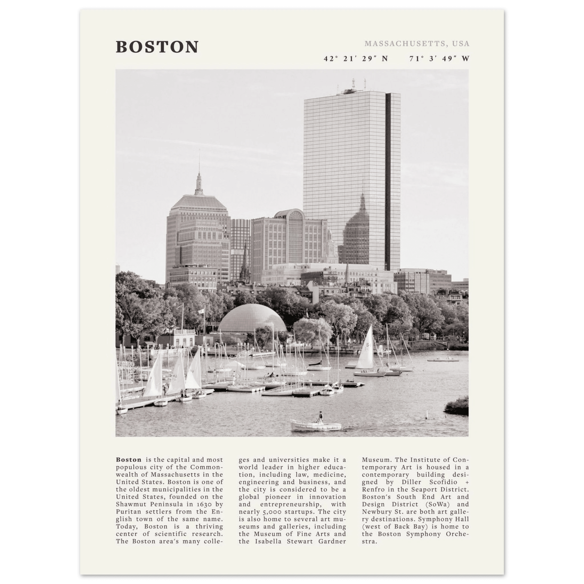 Boston Poster | Black & White Charles River Skyline Wall Art | Massachusetts Print - Evergreen Posters
