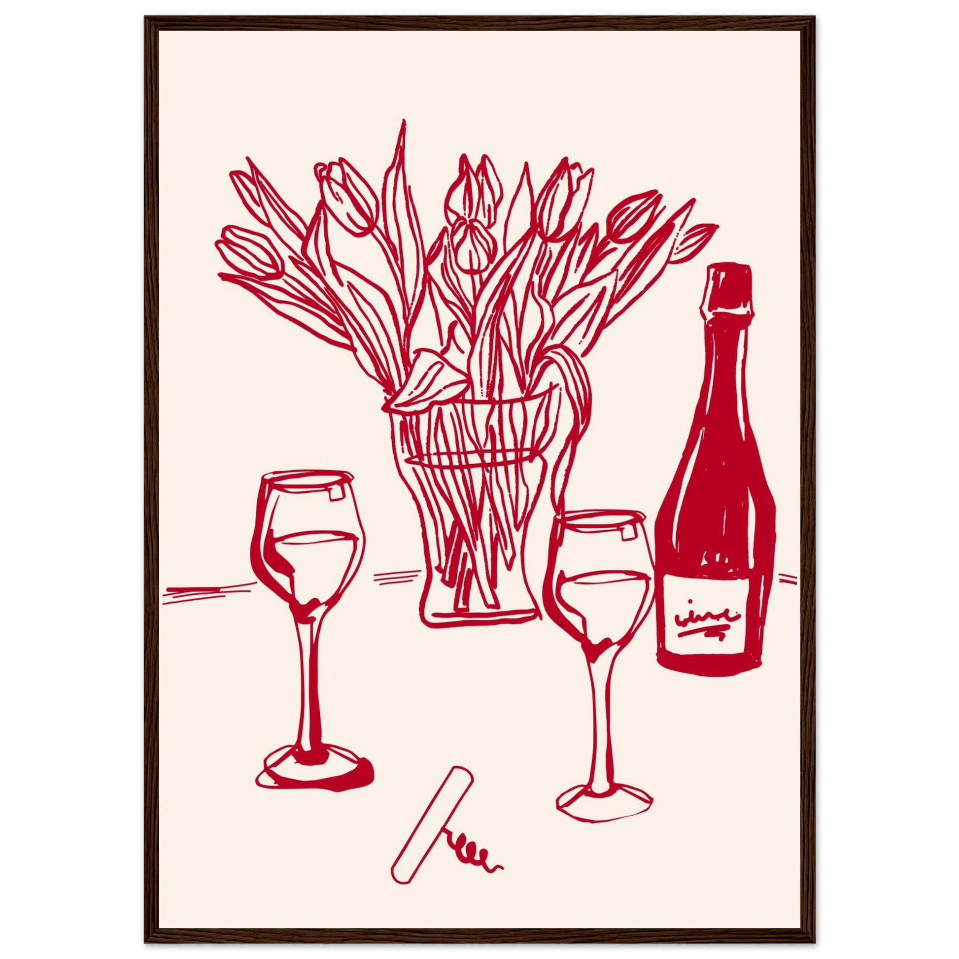Red Wine & Tulips Print | Line Art Wine Bottle Wall Art | Kitchen Poster - Evergreen Posters