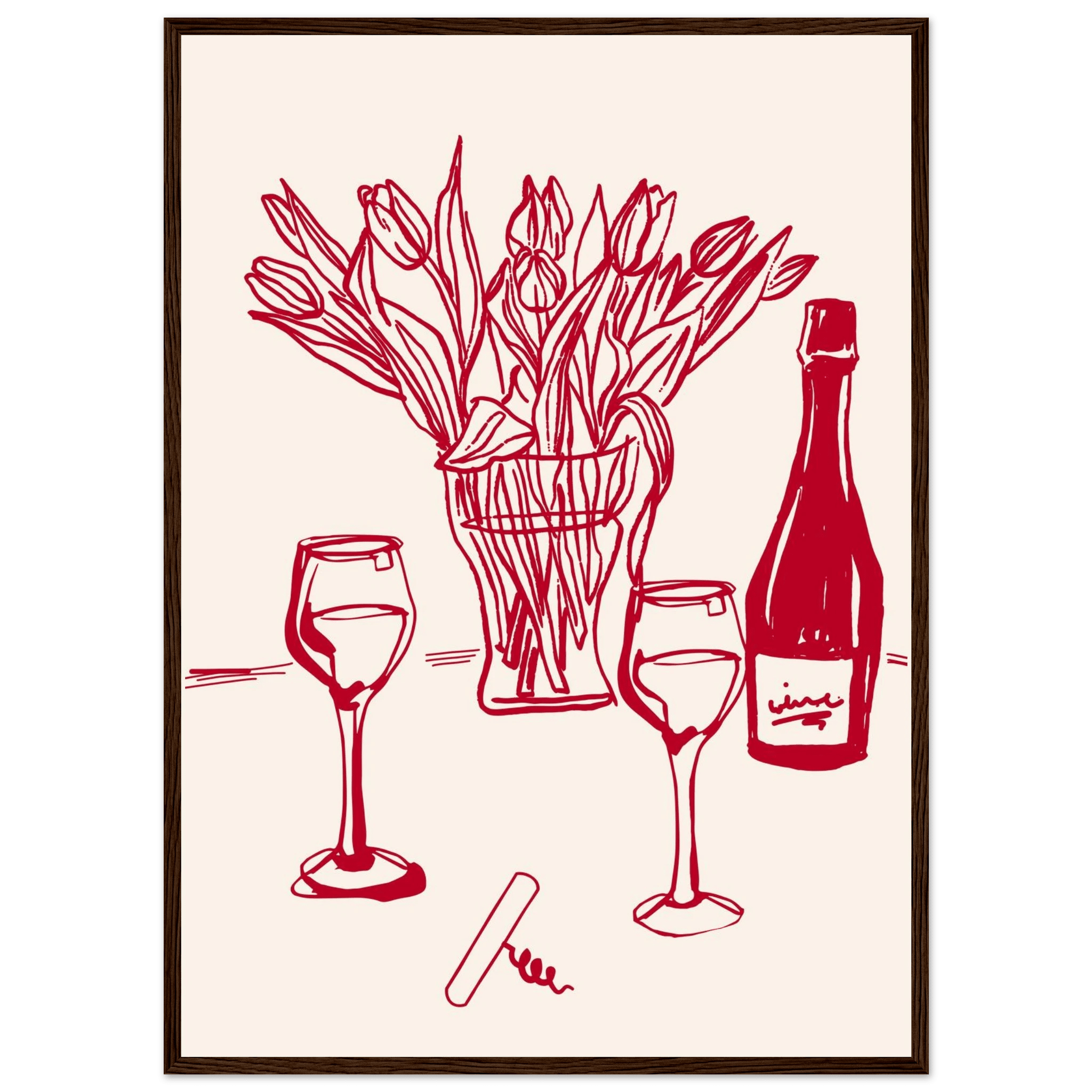 Red Wine & Tulips Print | Line Art Wine Bottle Wall Art | Kitchen Poster - Evergreen Posters