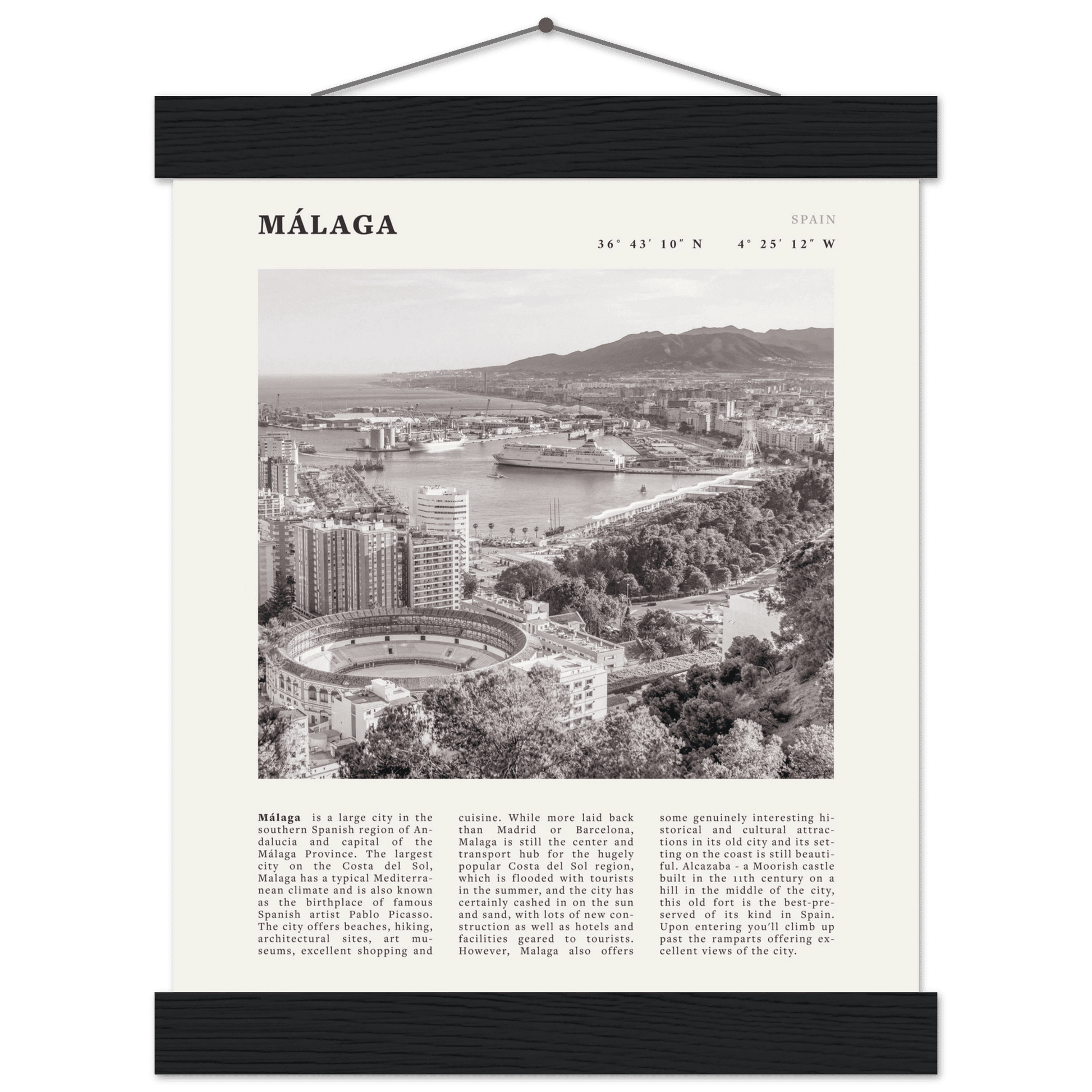 Málaga Poster | Black & White Costa del Sol Wall Art | Spain Travel Print - Evergreen Posters