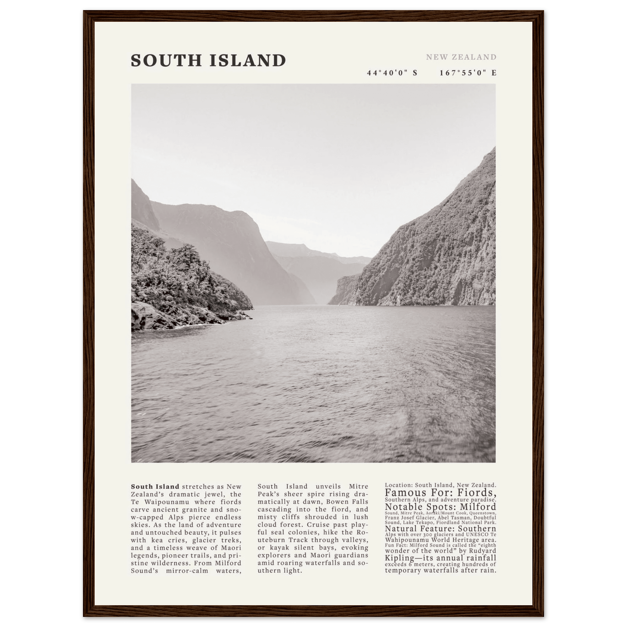 South Island New Zealand Poster Black and White – Vintage Milford Sound Fjord Print - Evergreen Posters