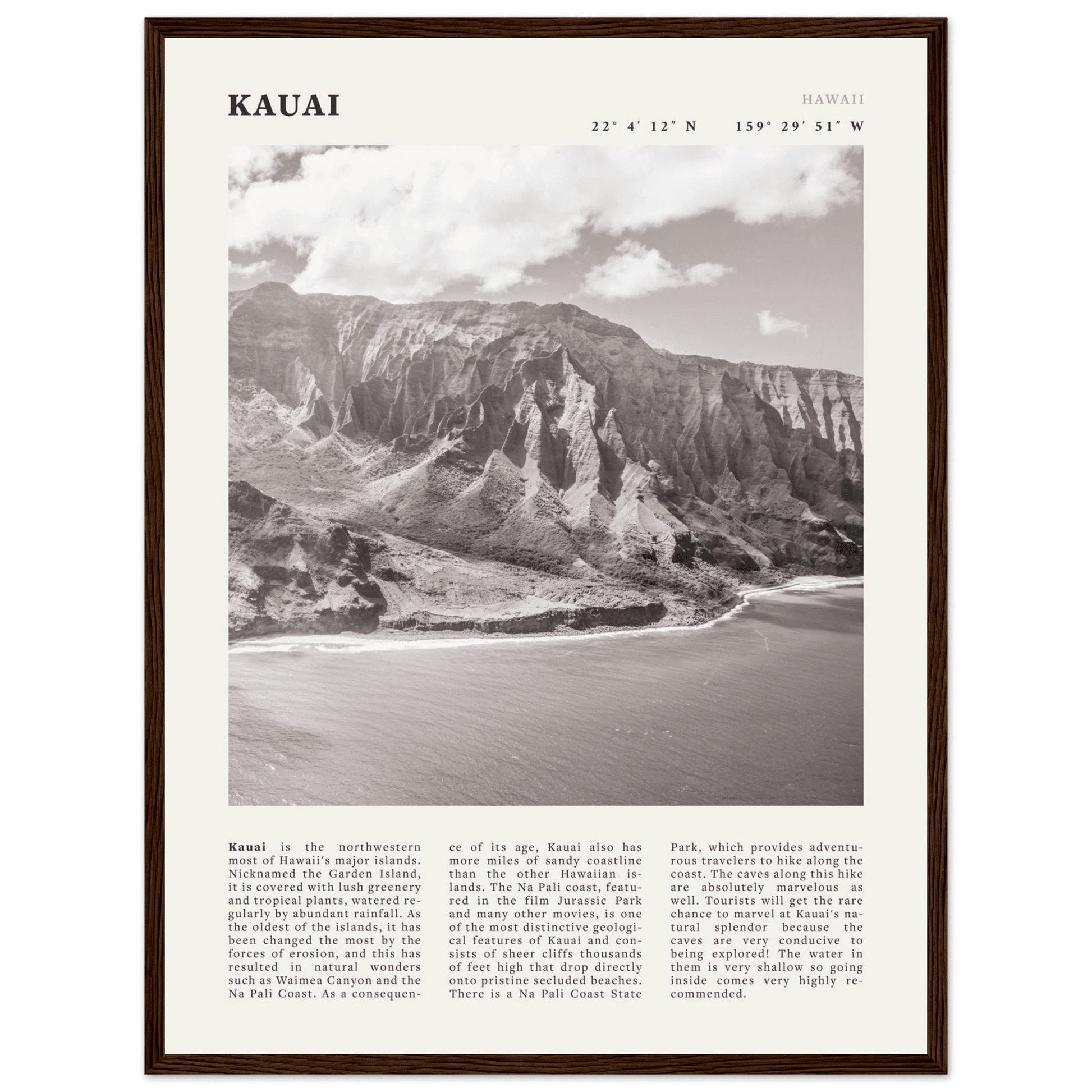 Kauai Poster | Black & White Na Pali Coast Wall Art | Hawaii Travel Print Decor - Evergreen Posters