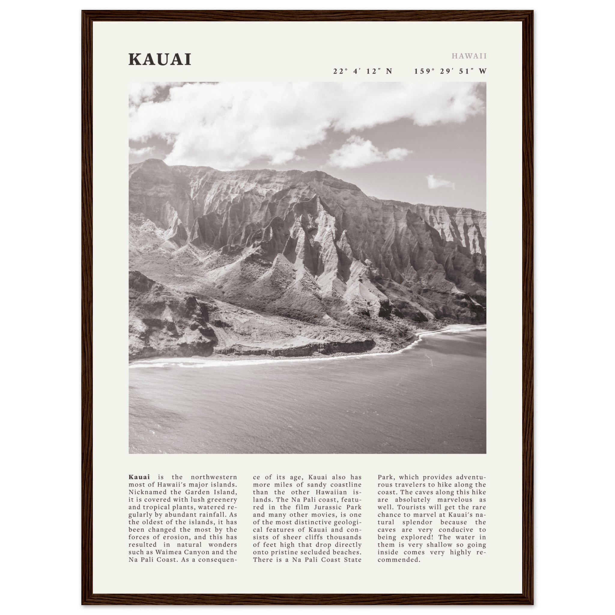 Kauai Poster | Black & White Na Pali Coast Wall Art | Hawaii Travel Print Decor - Evergreen Posters