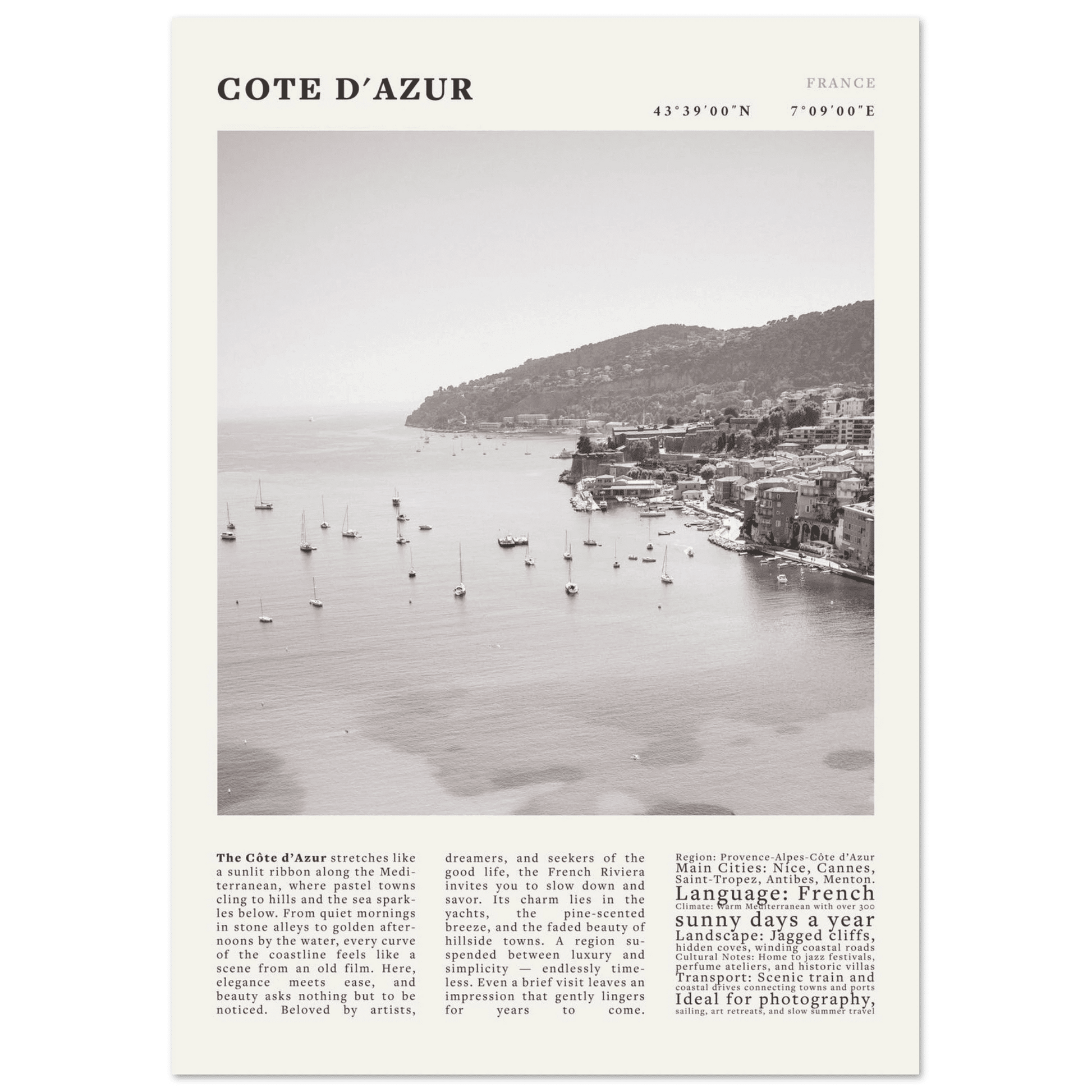 Côte d'Azur Poster Black and White – Vintage French Riviera Coast Print (Digital & Printed Options) - Evergreen Posters