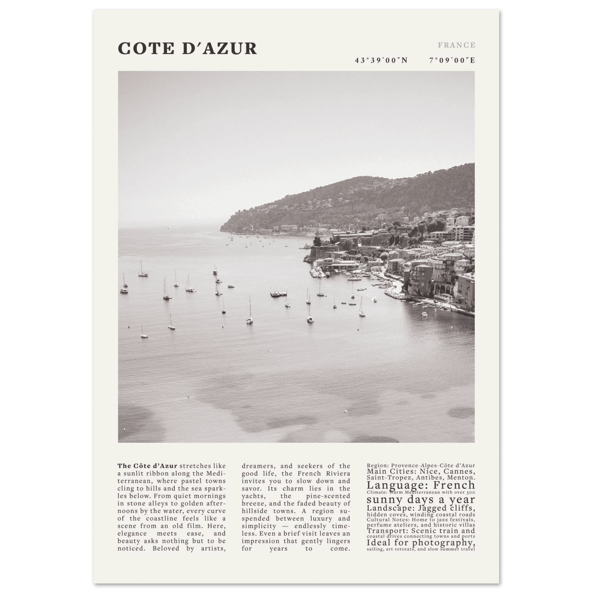 Côte d'Azur Poster Black and White – Vintage French Riviera Coast Print (Digital & Printed Options) - Evergreen Posters