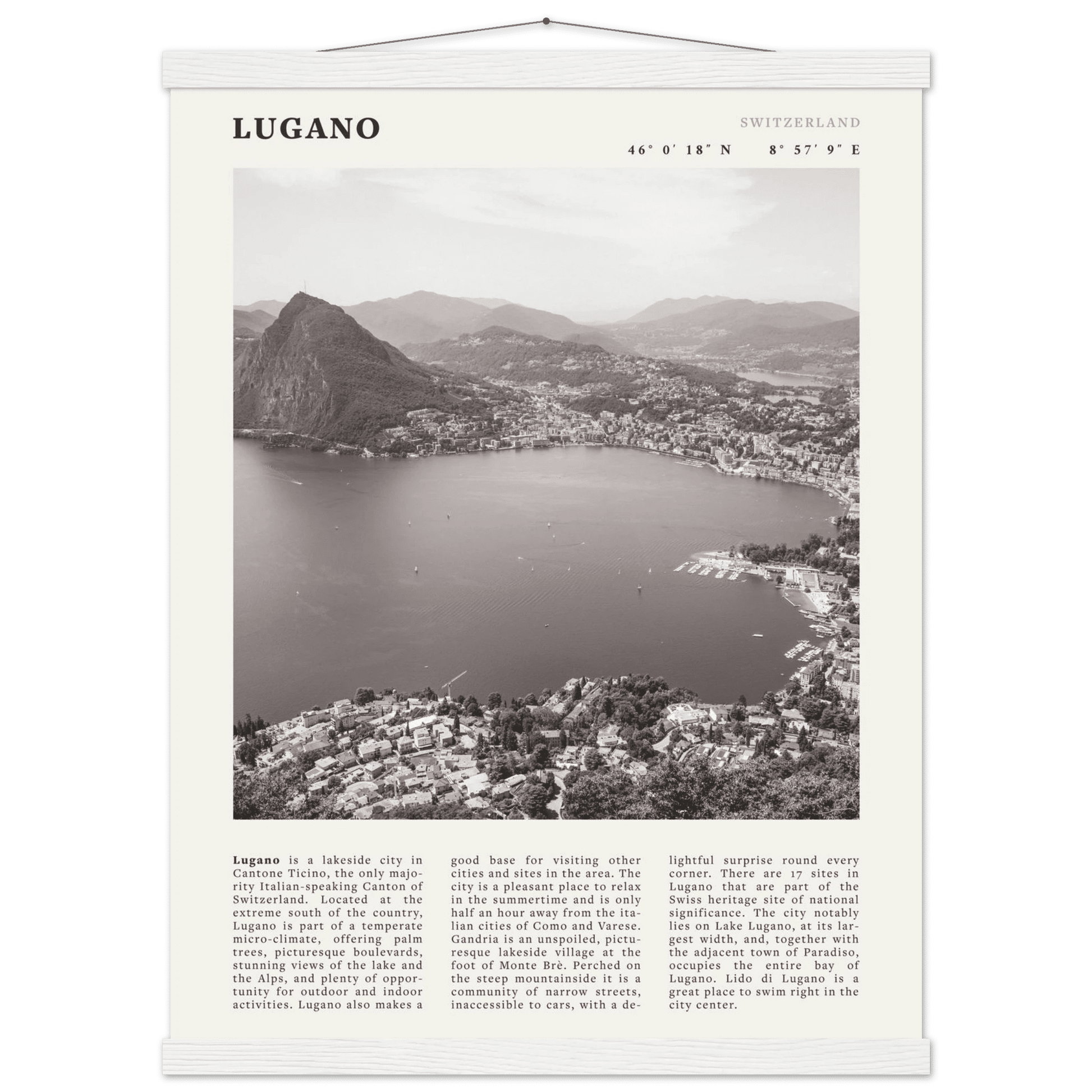 Lugano Poster | Black & White Swiss Lake Wall Art | Switzerland Travel Print - Evergreen Posters