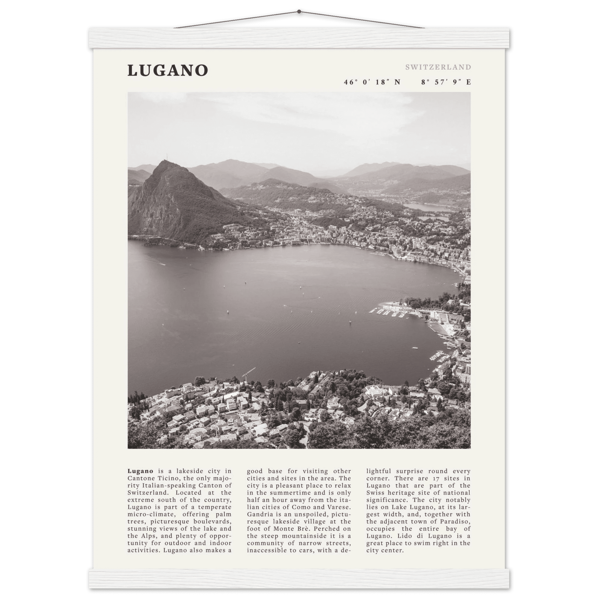 Lugano Poster | Black & White Swiss Lake Wall Art | Switzerland Travel Print - Evergreen Posters