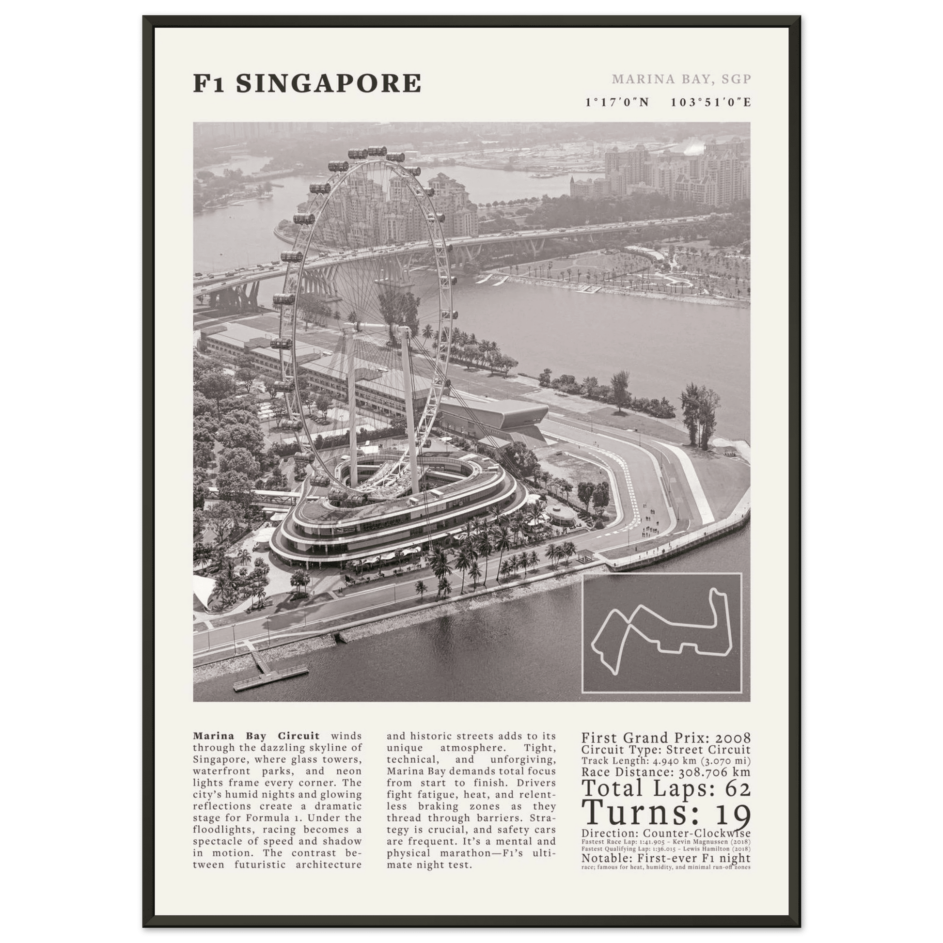 F1 Singapore Poster Black and White – Vintage Marina Bay Night Race Print (Digital & Printed Options) - Evergreen Posters