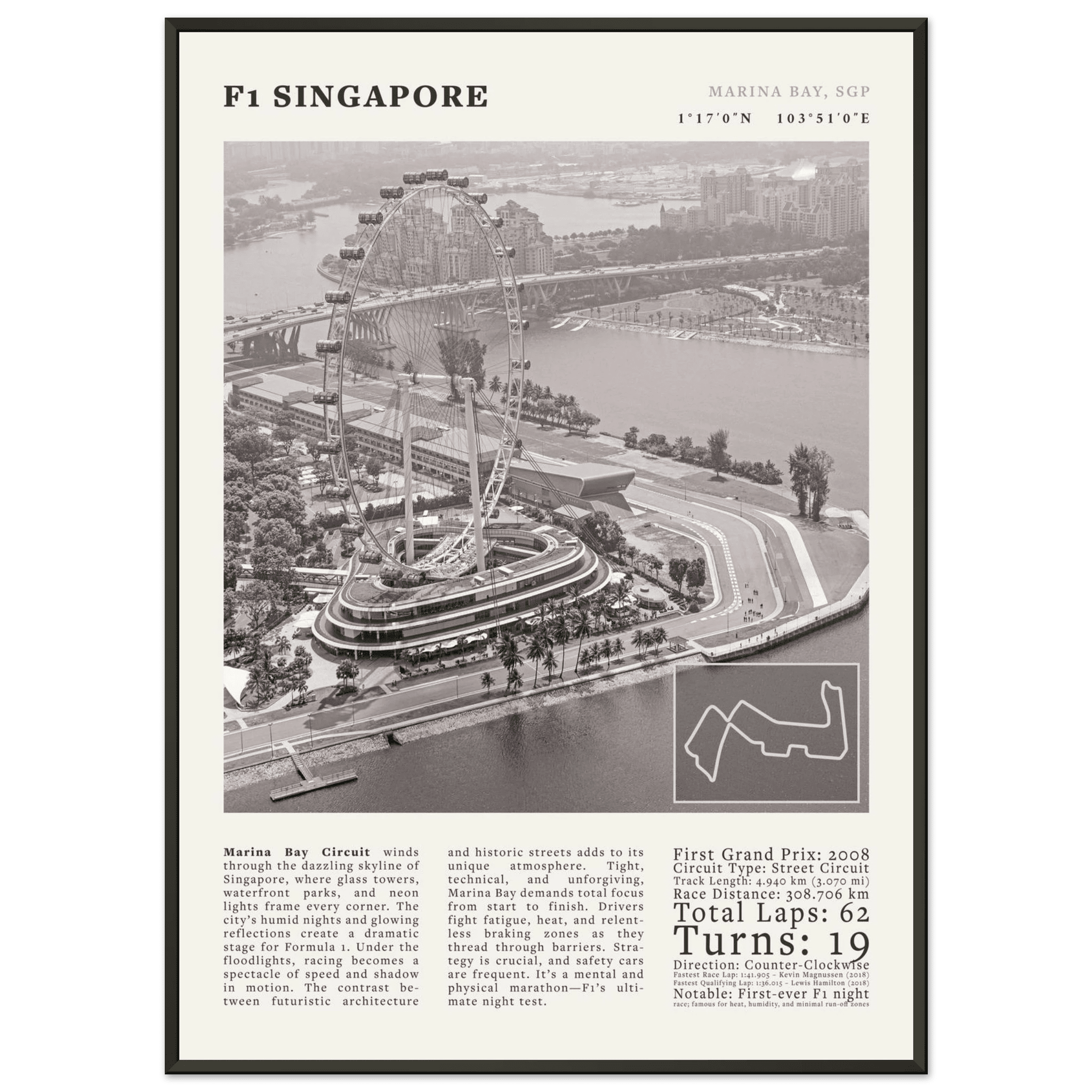 F1 Singapore Poster Black and White – Vintage Marina Bay Night Race Print (Digital & Printed Options) - Evergreen Posters