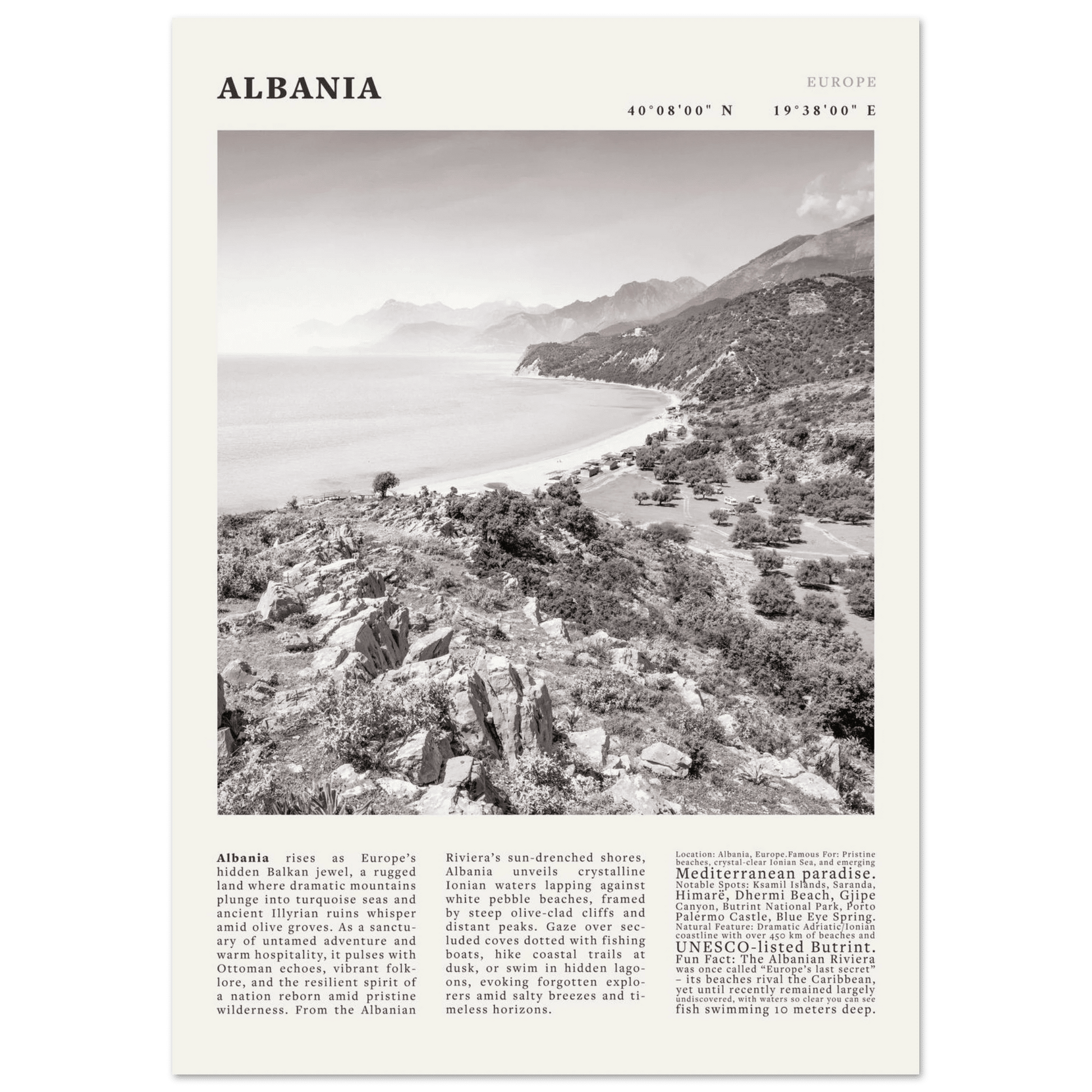 Albania Poster Black and White – Vintage Albanian Riviera Travel Print (Digital & Printed Options) - Evergreen Posters