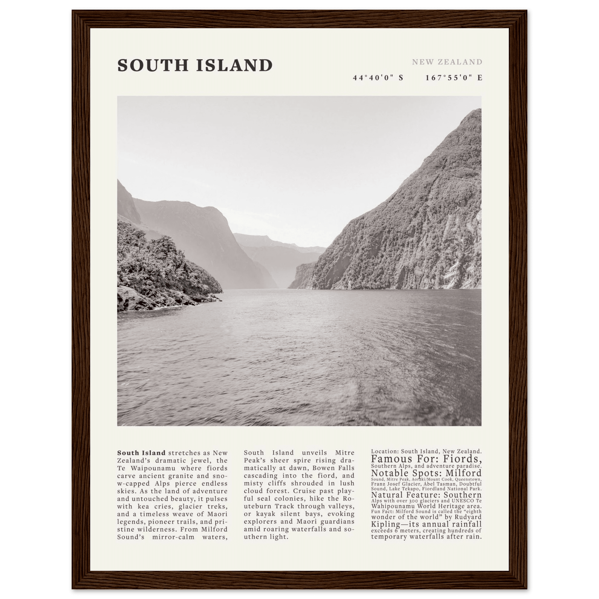 South Island New Zealand Poster Black and White – Vintage Milford Sound Fjord Print - Evergreen Posters