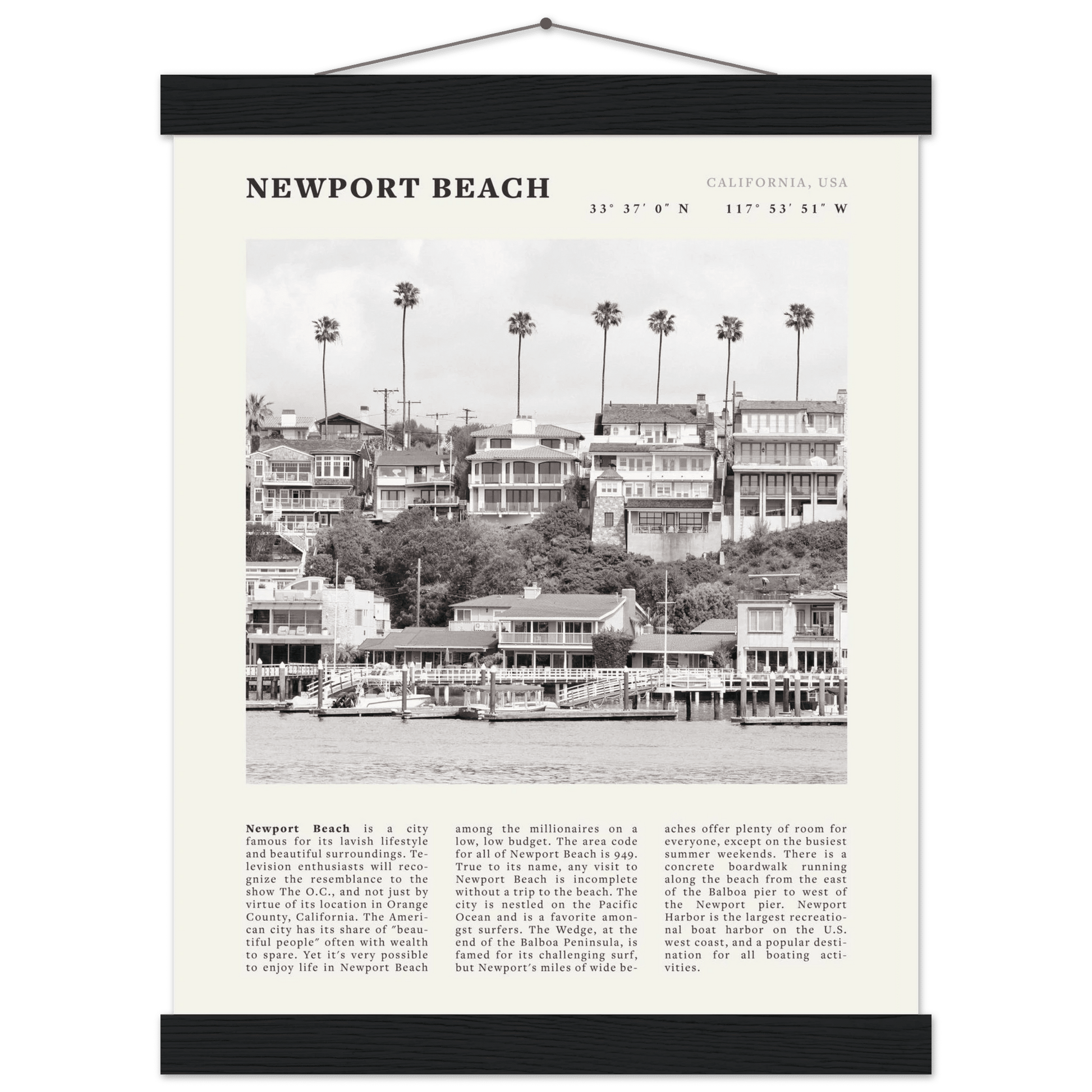 Newport Beach Poster | Black & White California Harbor Wall Art | Coastal Print - Evergreen Posters
