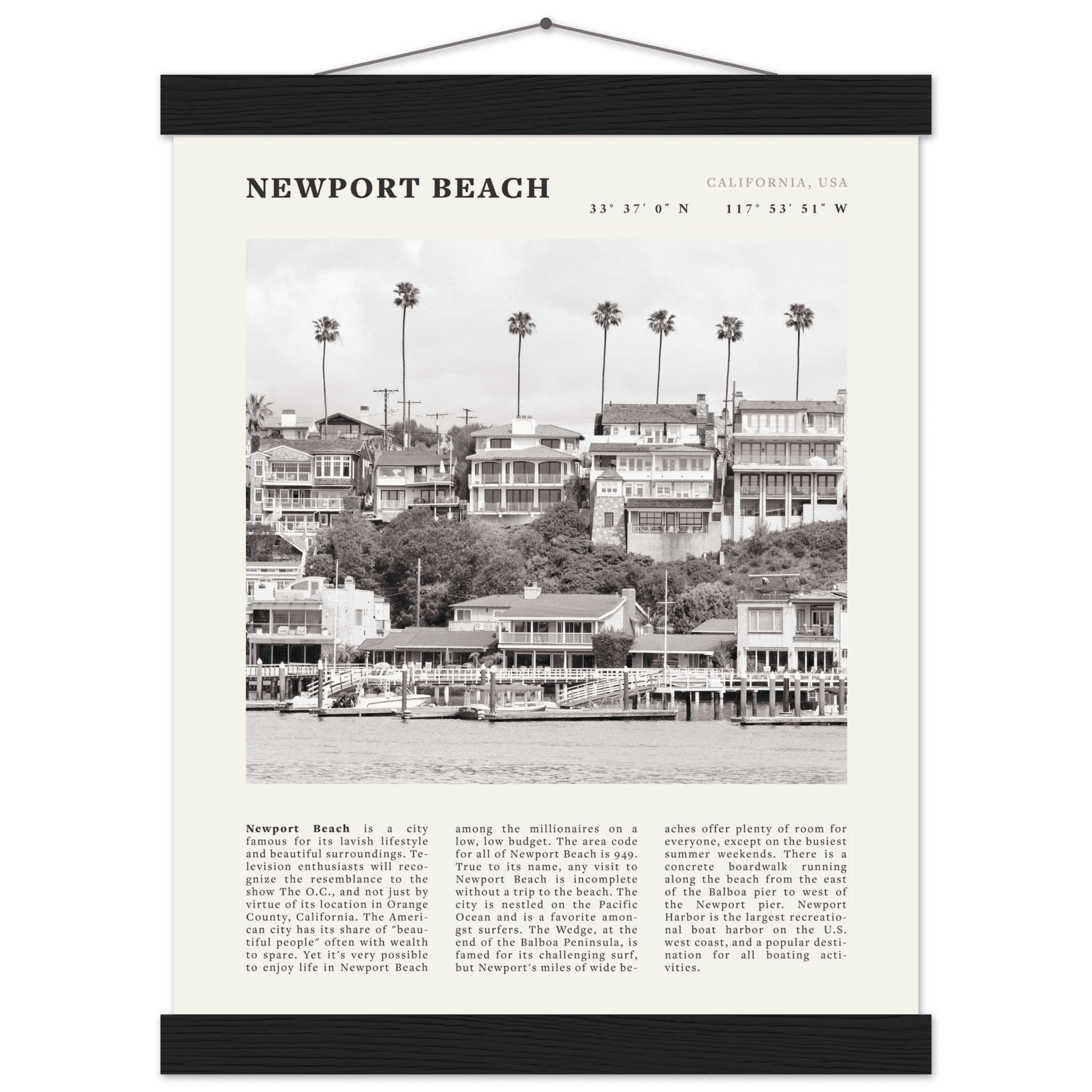 Newport Beach Poster | Black & White California Harbor Wall Art | Coastal Print - Evergreen Posters