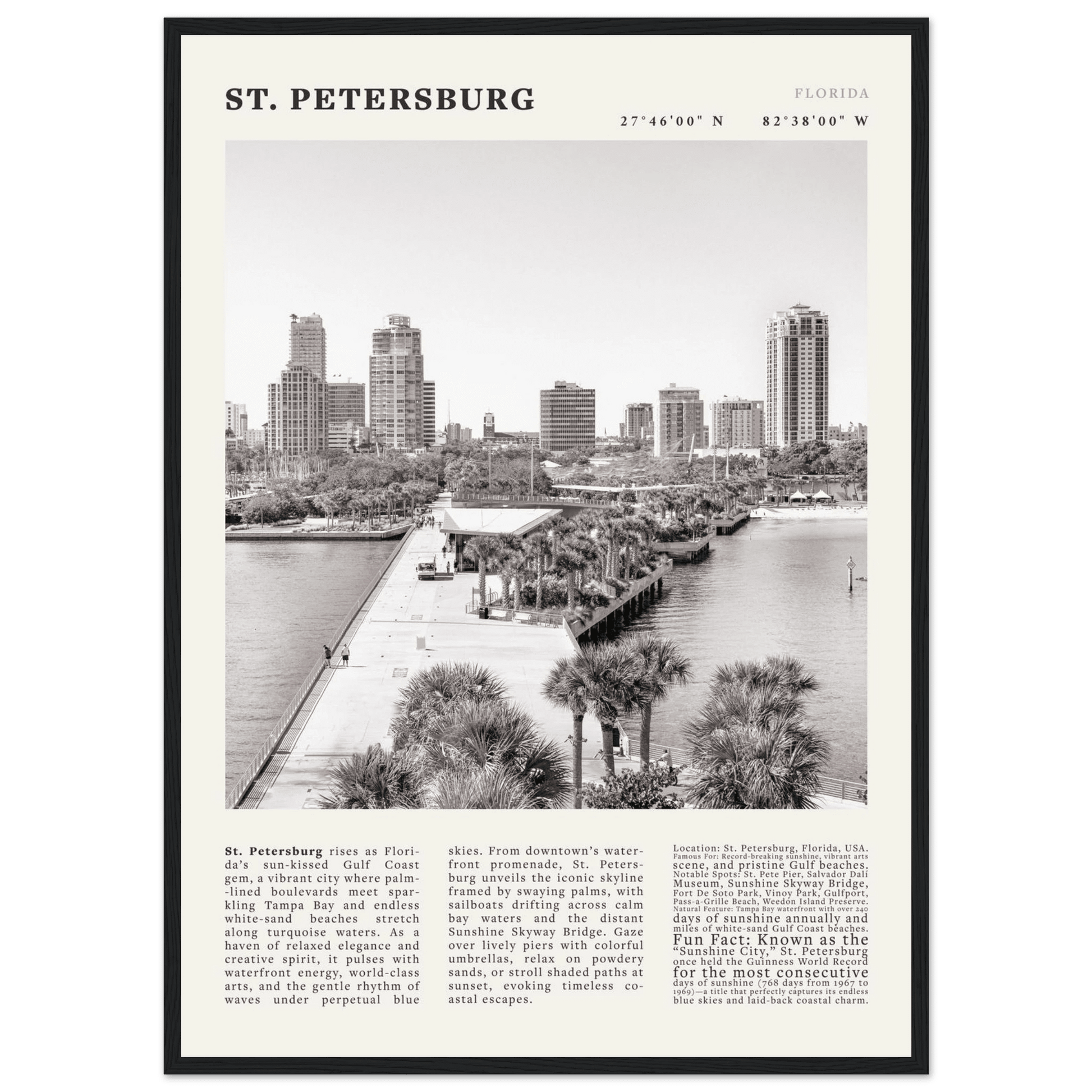 St. Petersburg Florida Poster Black and White – Vintage St Pete Skyline Print (Digital & Printed Options) - Evergreen Posters