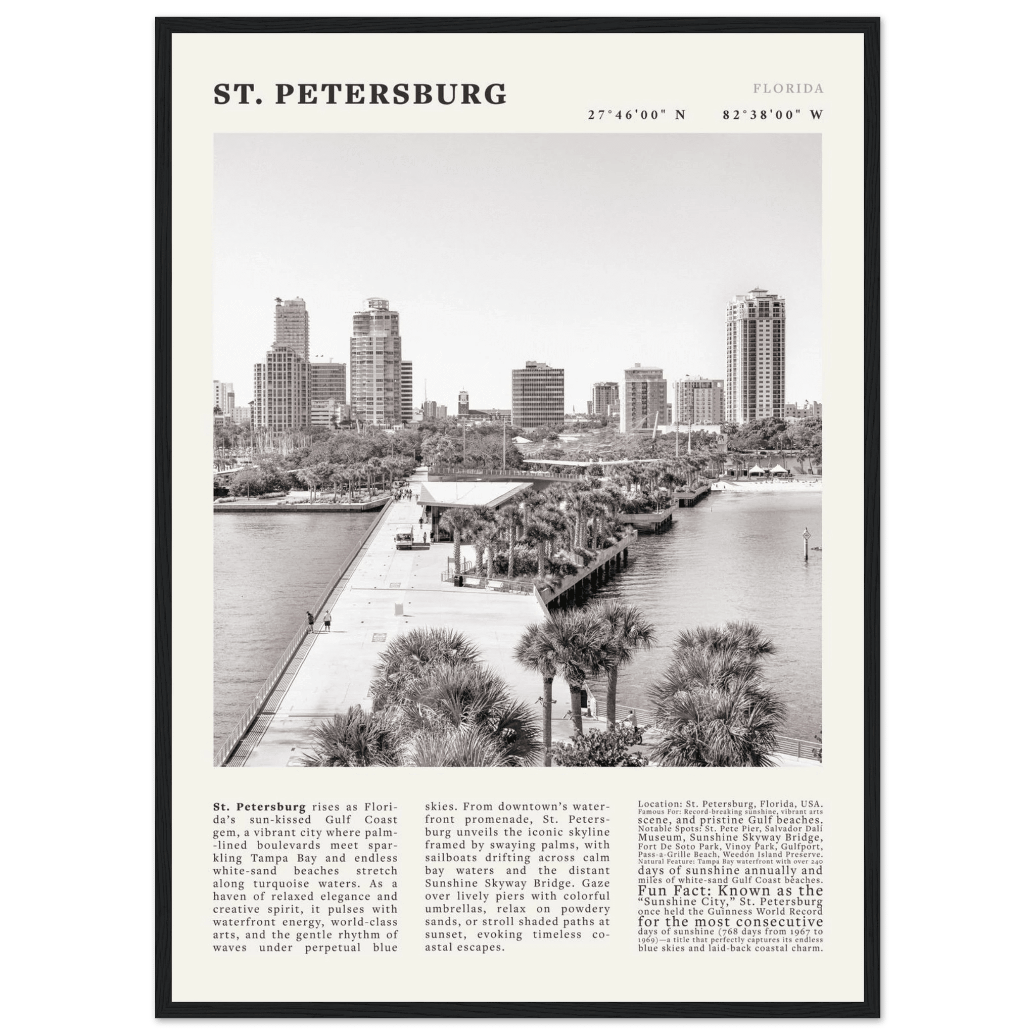 St. Petersburg Florida Poster Black and White – Vintage St Pete Skyline Print (Digital & Printed Options) - Evergreen Posters