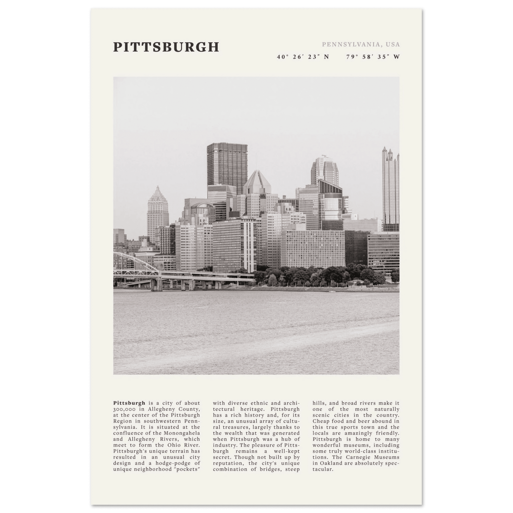 Pittsburgh Poster | Black & White Pennsylvania Skyline Wall Art | PA Travel Print - Evergreen Posters