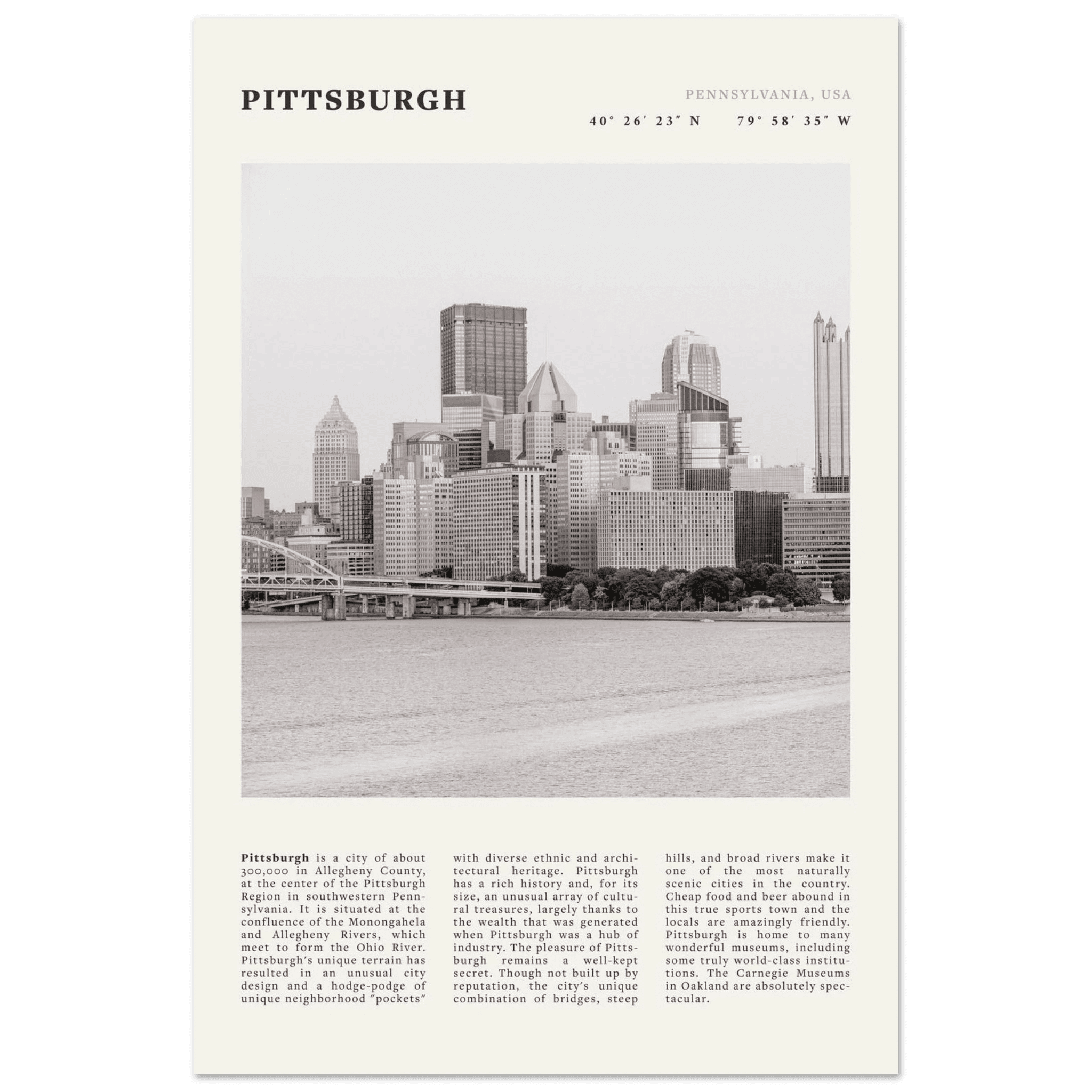 Pittsburgh Poster | Black & White Pennsylvania Skyline Wall Art | PA Travel Print - Evergreen Posters