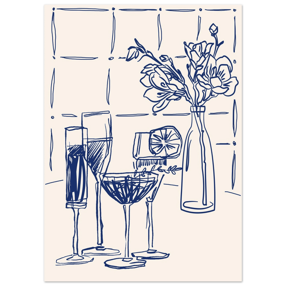 Cocktails & Flowers Print | Navy Blue Line Art Drinks Wall Art | Kitchen Bar Poster - Evergreen Posters