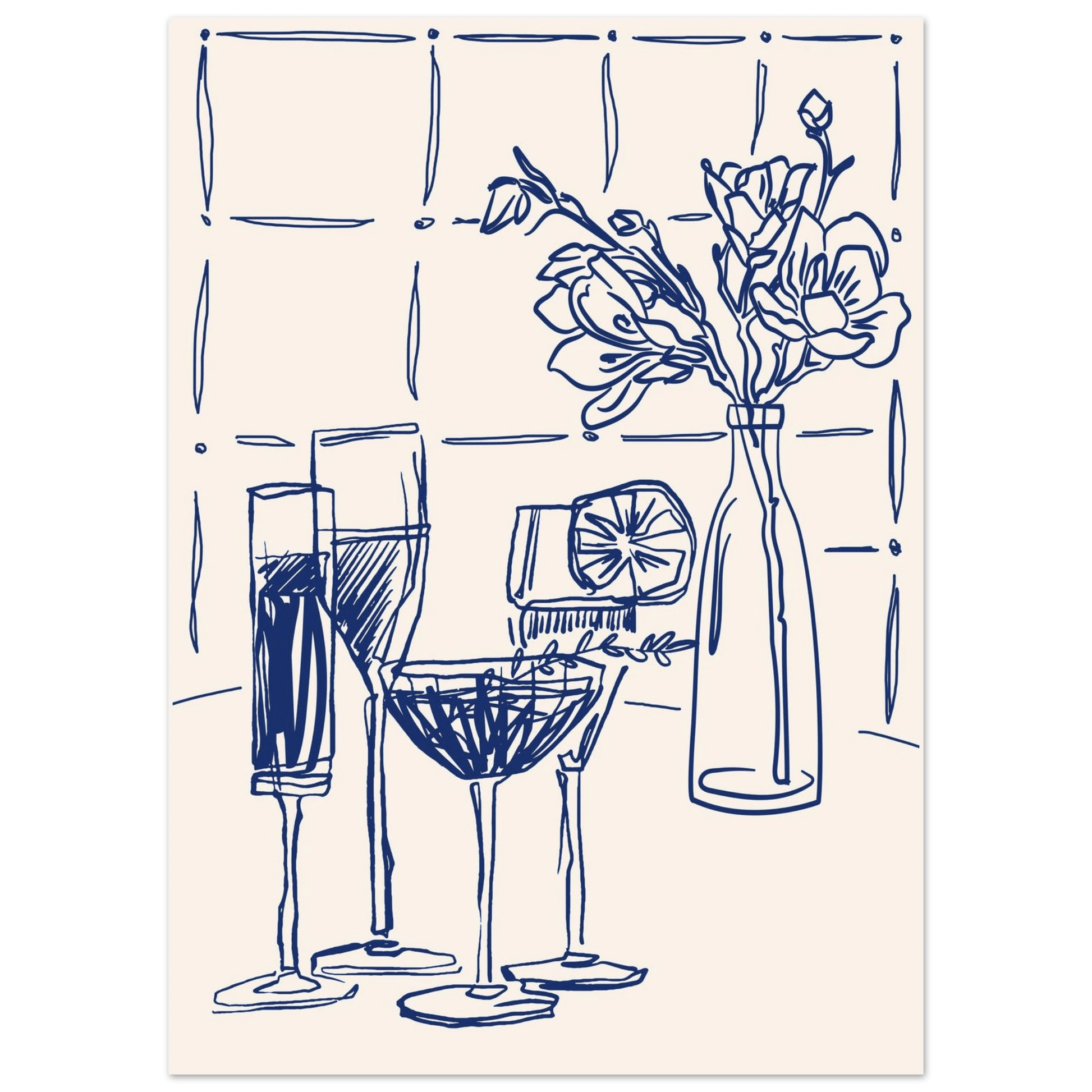Cocktails & Flowers Print | Navy Blue Line Art Drinks Wall Art | Kitchen Bar Poster - Evergreen Posters