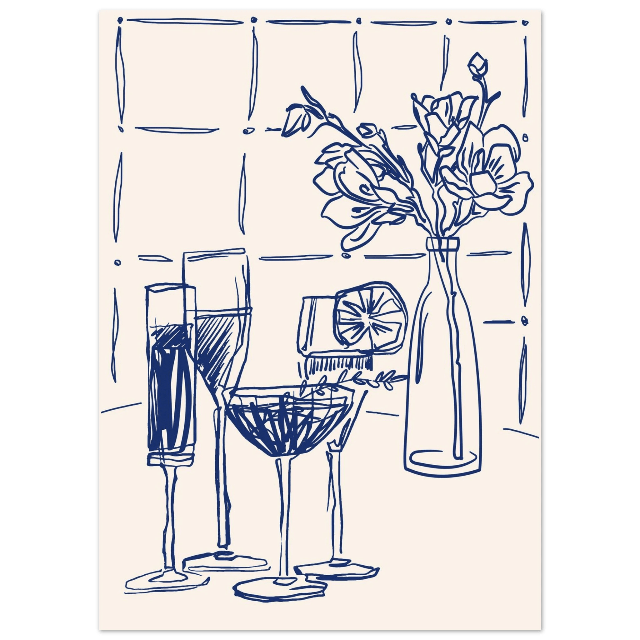 Cocktails & Flowers Print | Navy Blue Line Art Drinks Wall Art | Kitchen Bar Poster - Evergreen Posters