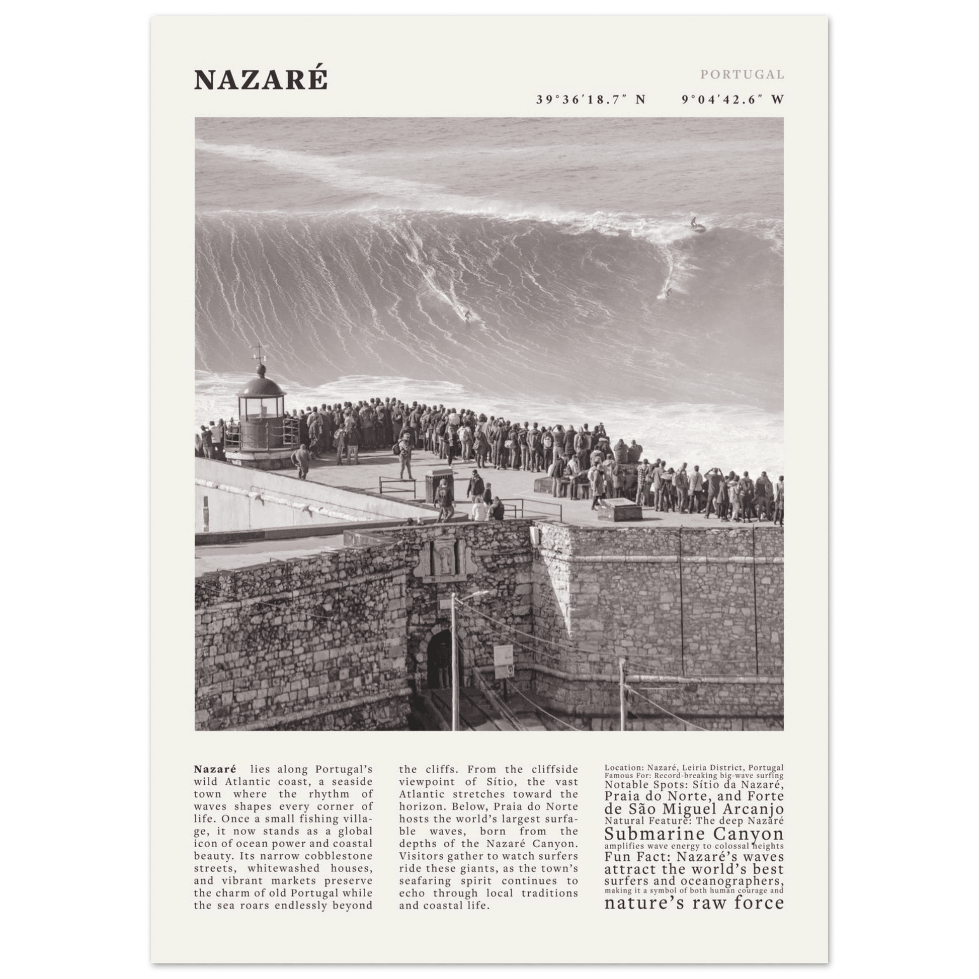 Nazaré Portugal Poster Black and White – Vintage Big Waves Surf Print (Digital & Printed Options) - Evergreen Posters