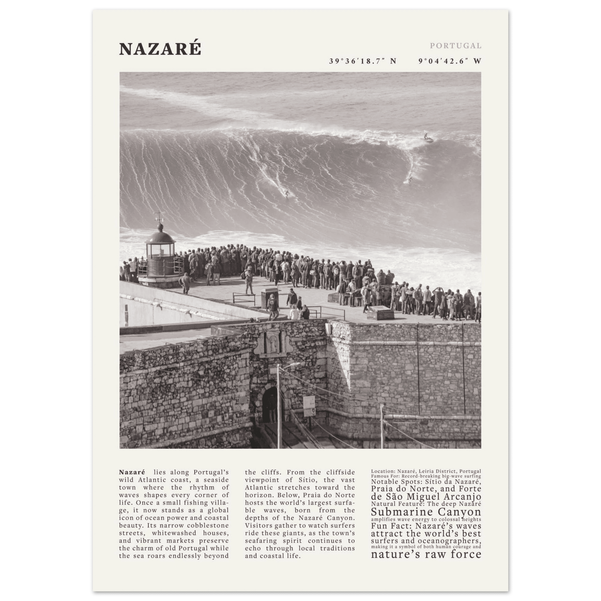 Nazaré Portugal Poster Black and White – Vintage Big Waves Surf Print (Digital & Printed Options) - Evergreen Posters