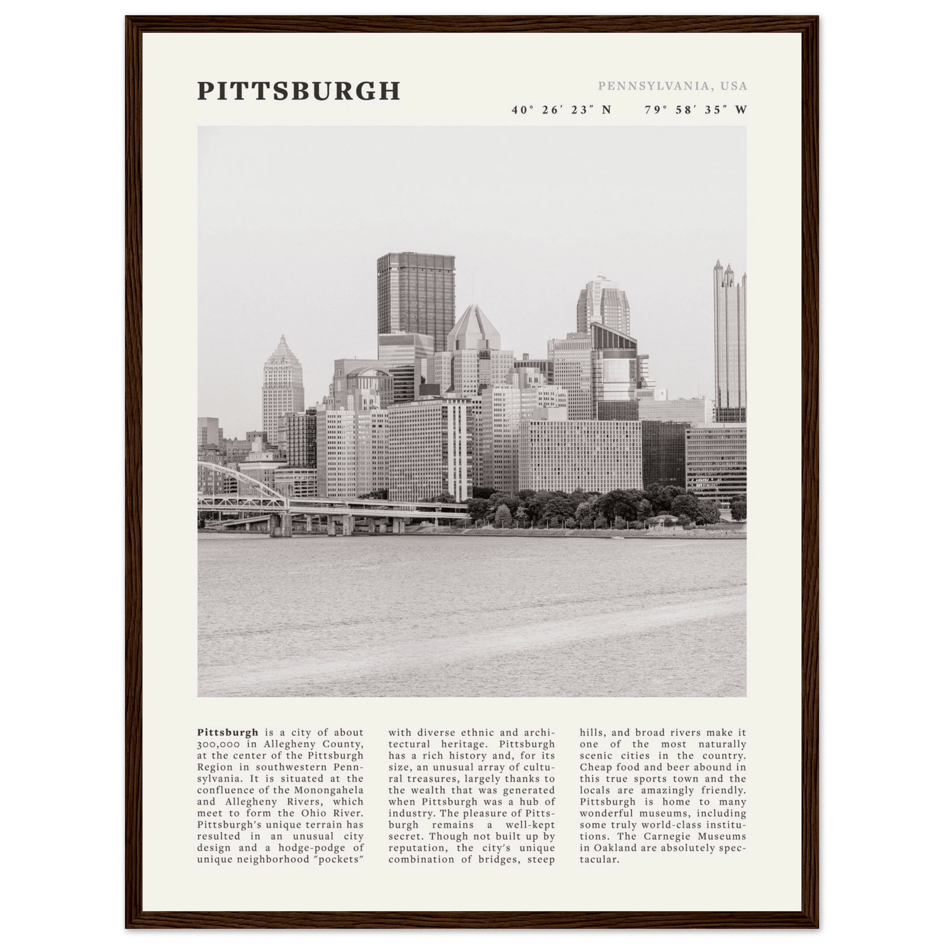 Pittsburgh Poster | Black & White Pennsylvania Skyline Wall Art | PA Travel Print - Evergreen Posters