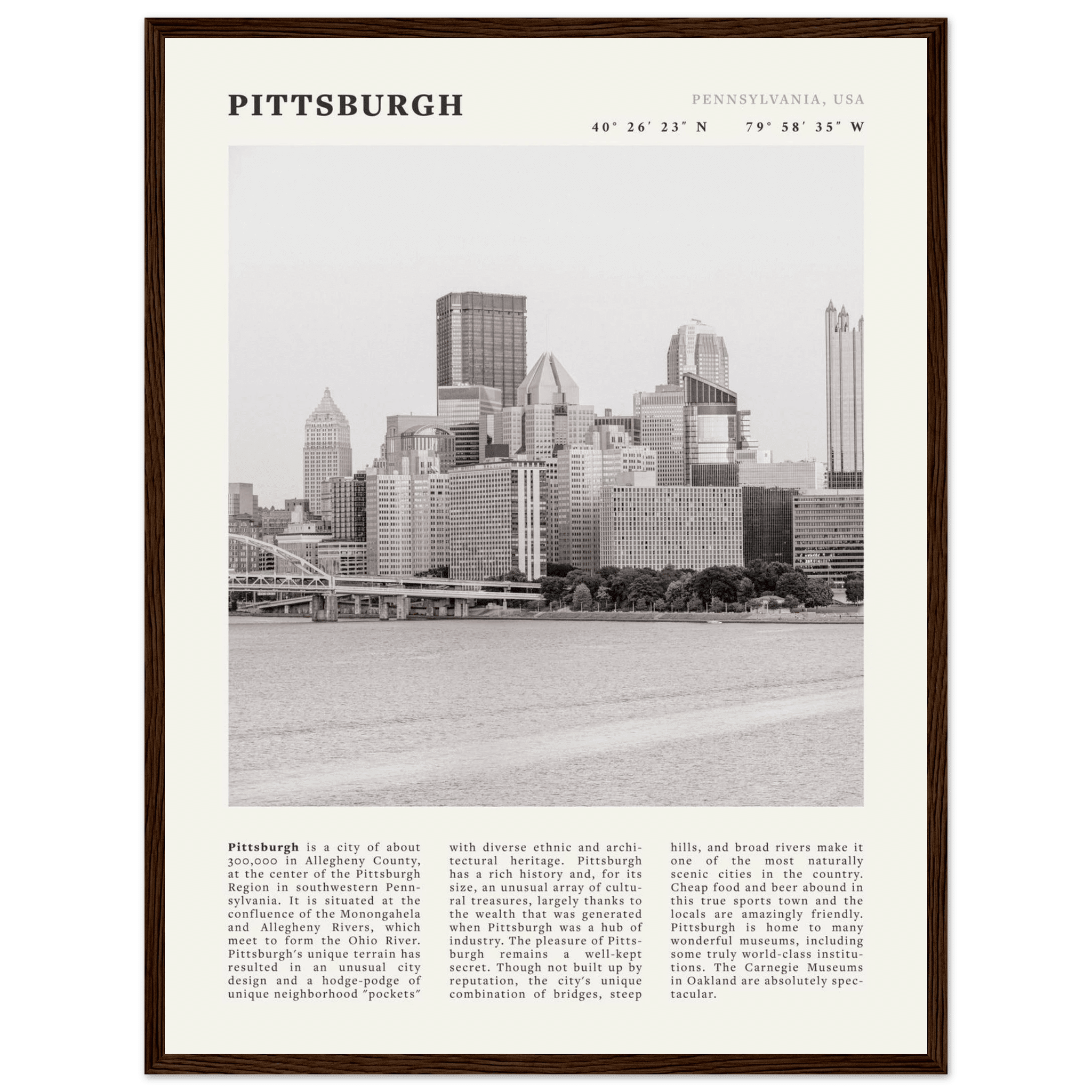 Pittsburgh Poster | Black & White Pennsylvania Skyline Wall Art | PA Travel Print - Evergreen Posters